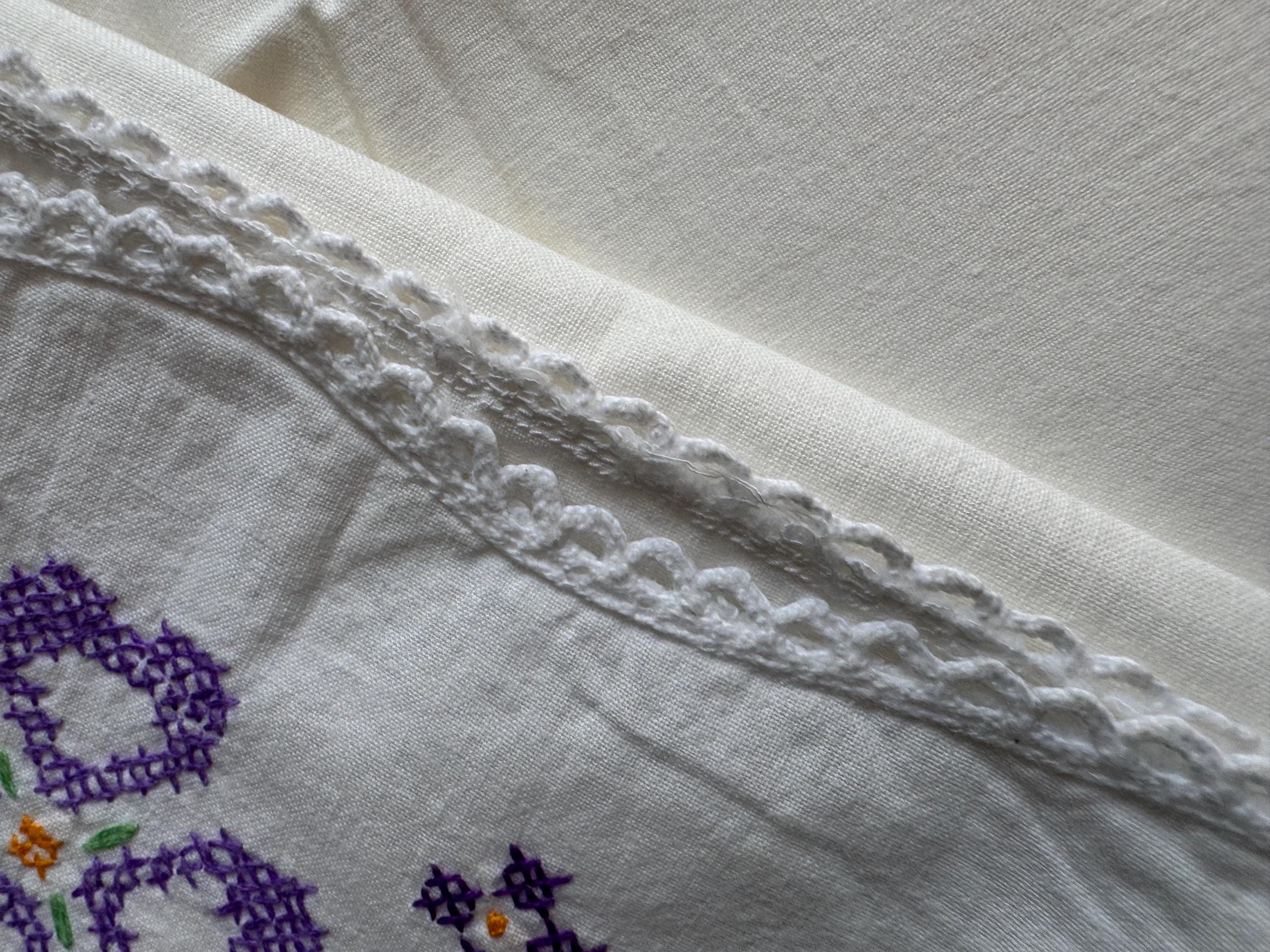 Vintage HAND embroidered floral pair of pillowcases purple flowers green pastels
