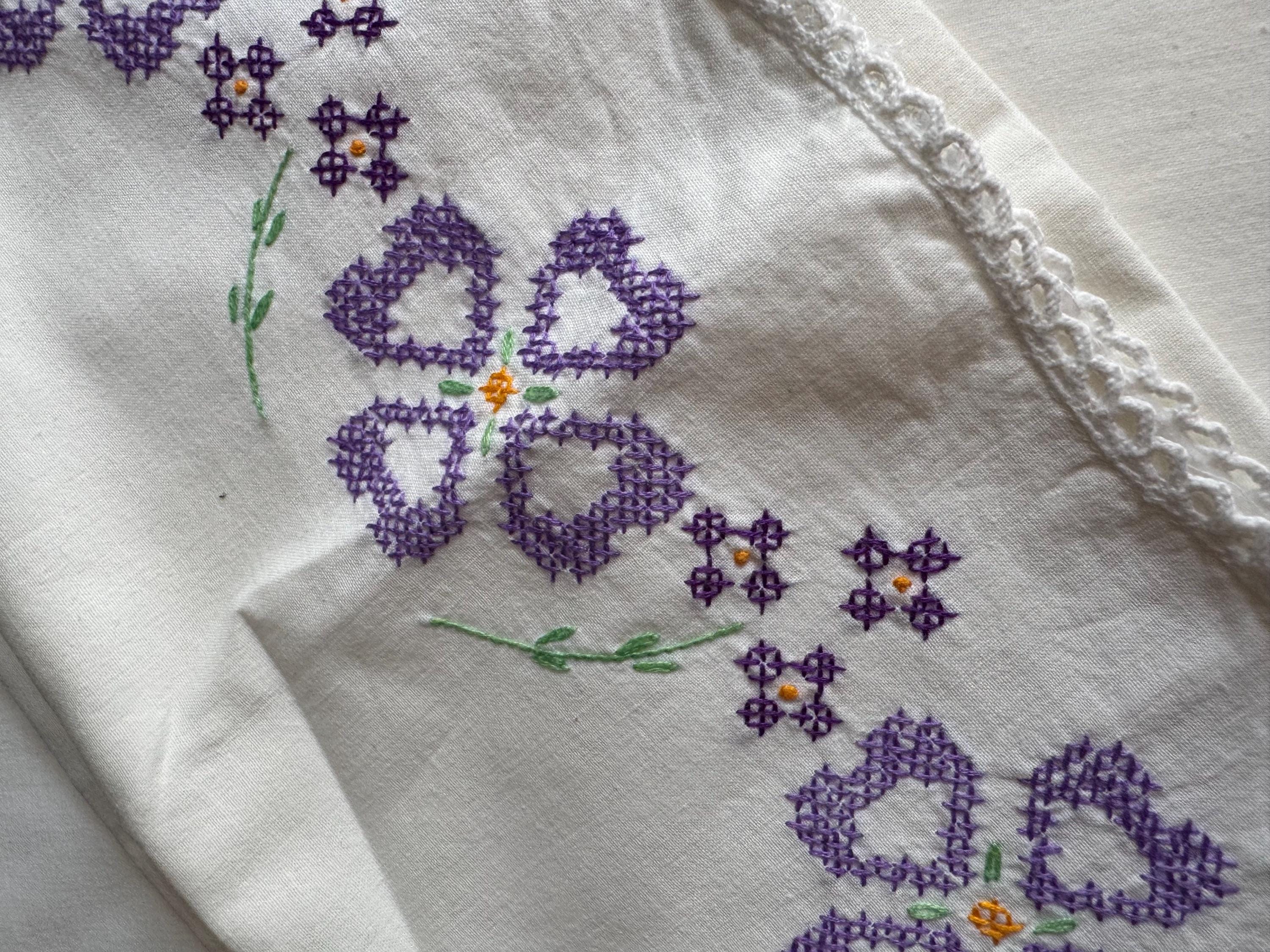 Vintage HAND embroidered floral pair of pillowcases purple flowers green pastels