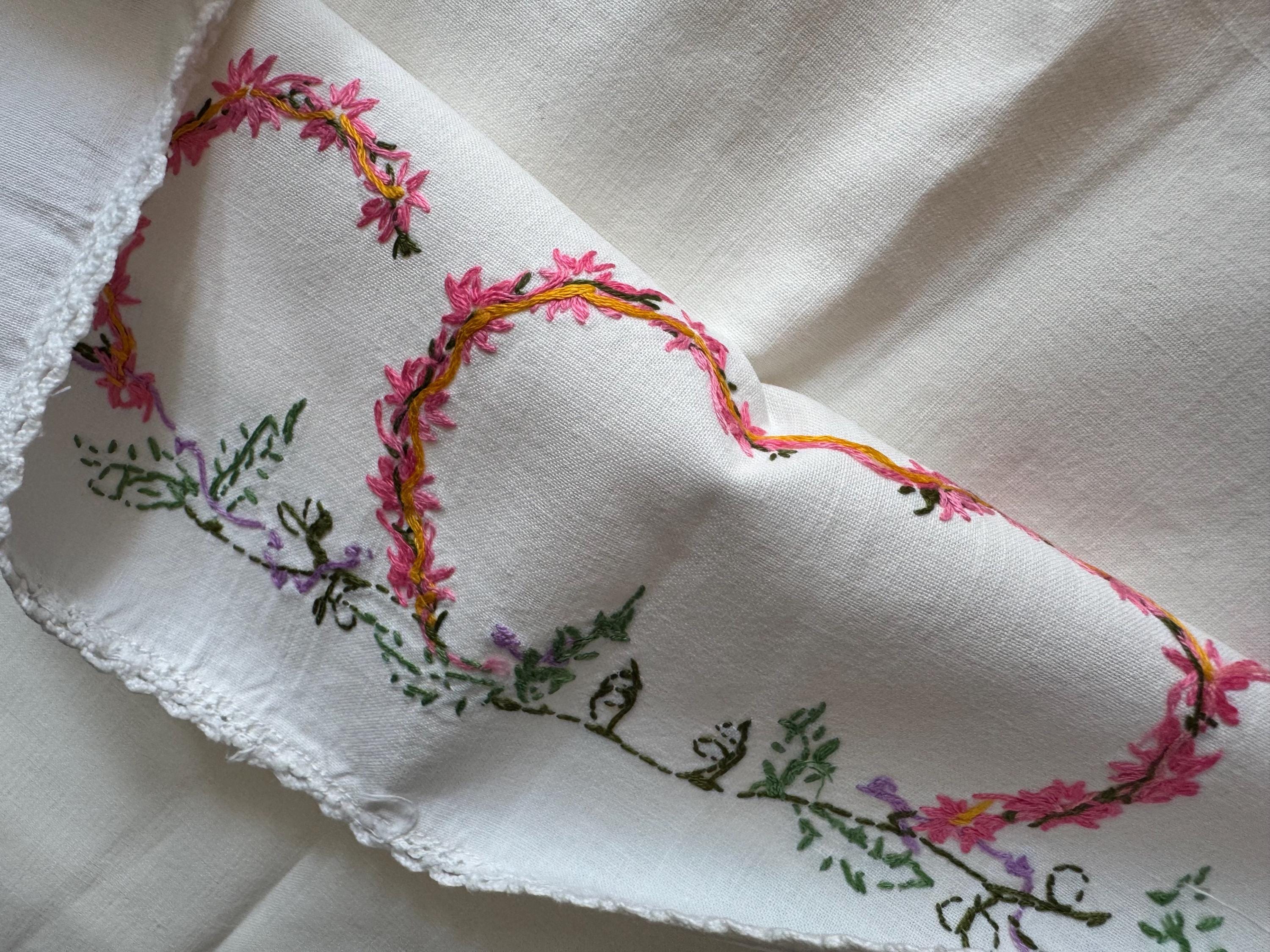 Vintage HAND embroidered floral pair of pillowcases pink green purple flowers pastels