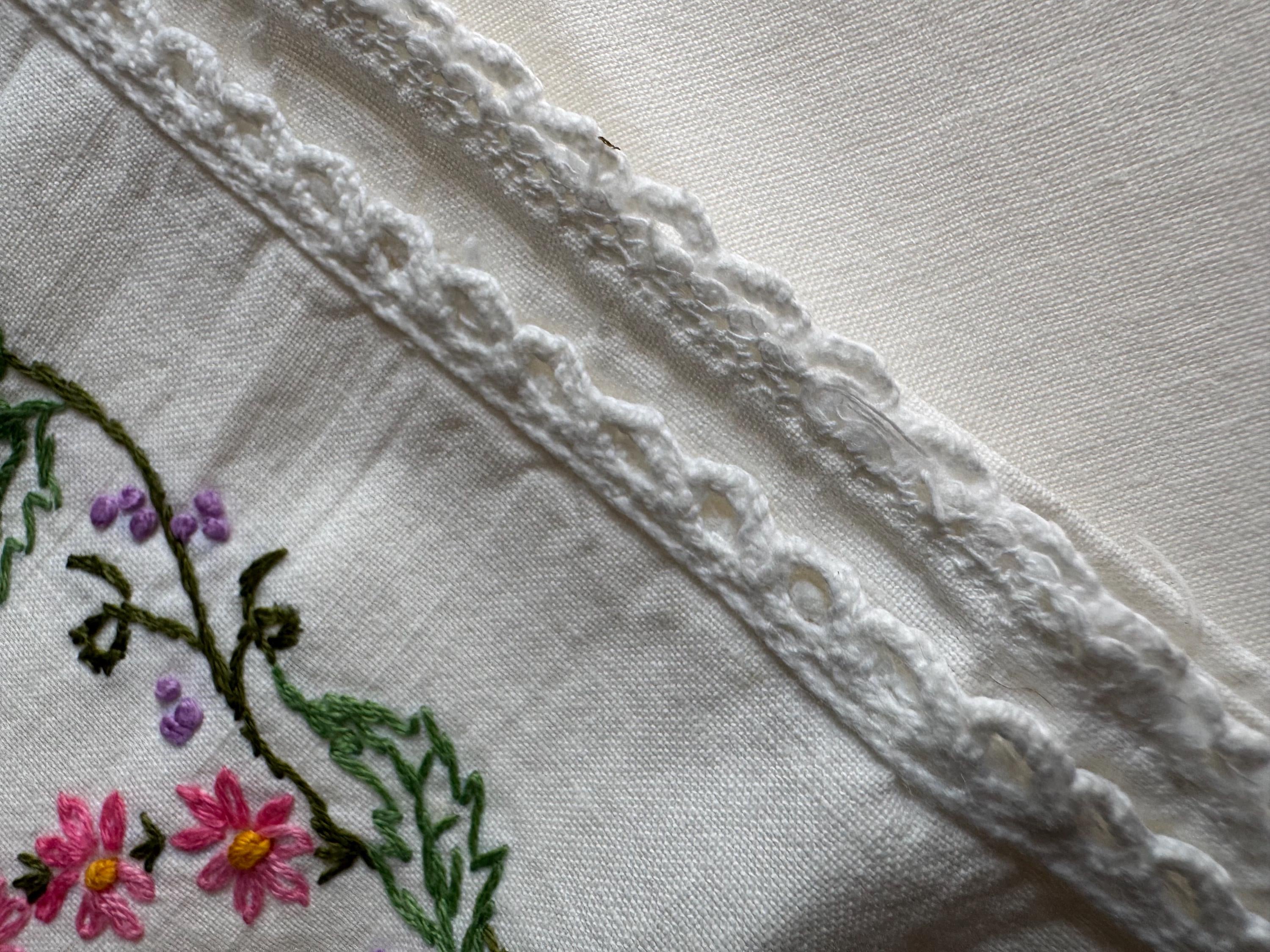Vintage HAND embroidered floral pair of pillowcases pink green purple flowers pastels