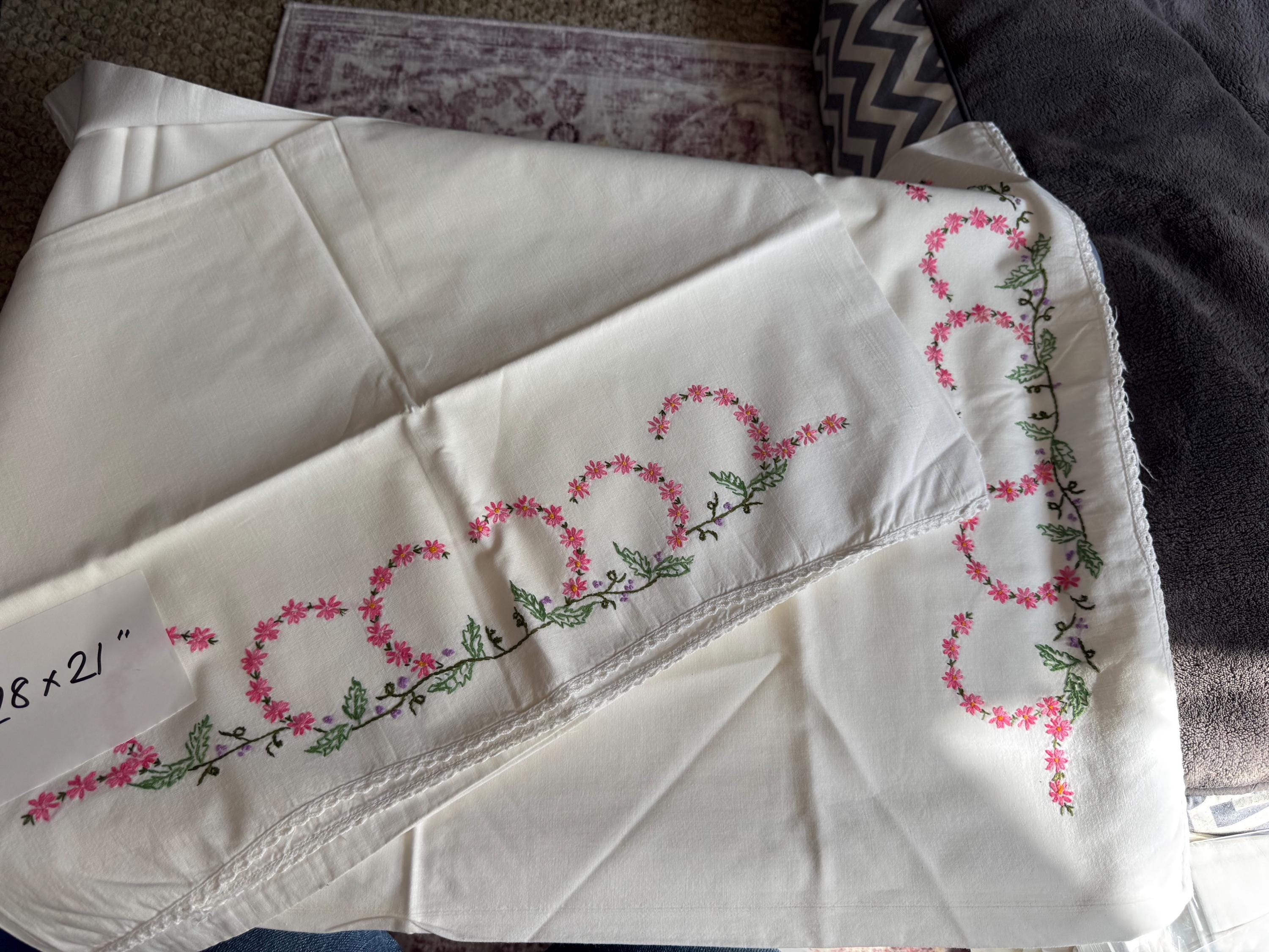 Vintage HAND embroidered floral pair of pillowcases pink green purple flowers pastels