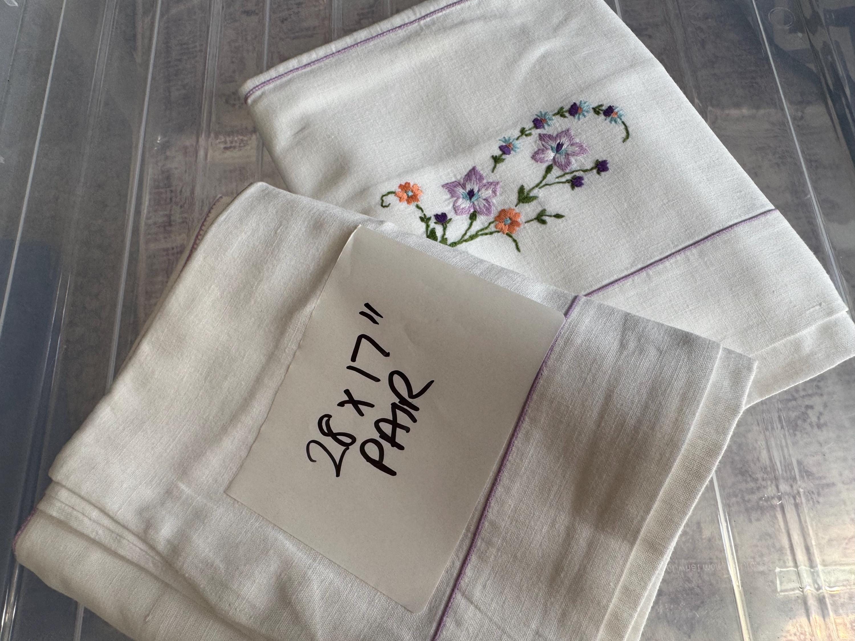 Pair / 2 cottage chateau chic bedding white cotton embroidered pillowcases spring colours lilac purple green floral flowers
