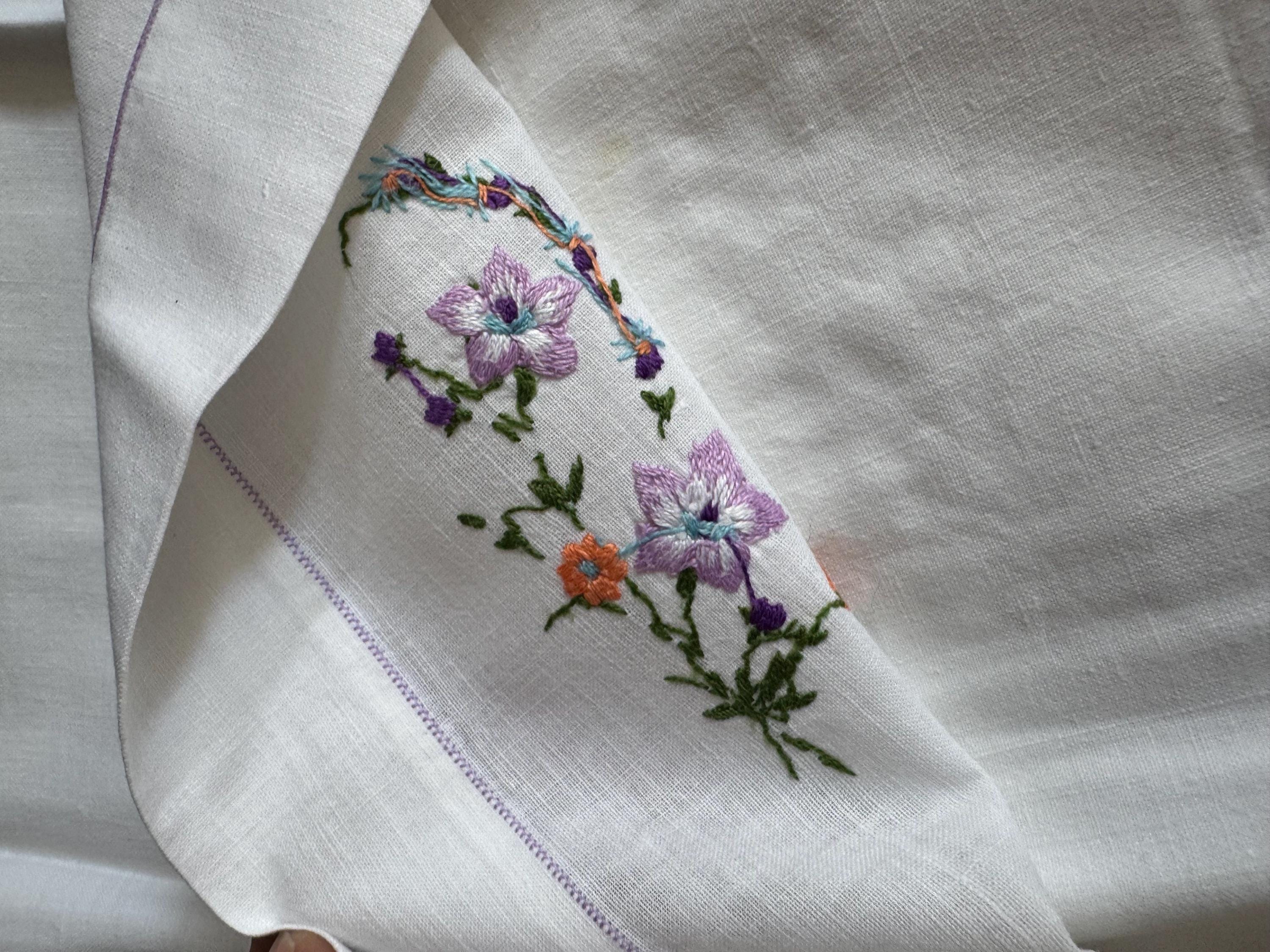 Pair / 2 cottage chateau chic bedding white cotton embroidered pillowcases spring colours lilac purple green floral flowers