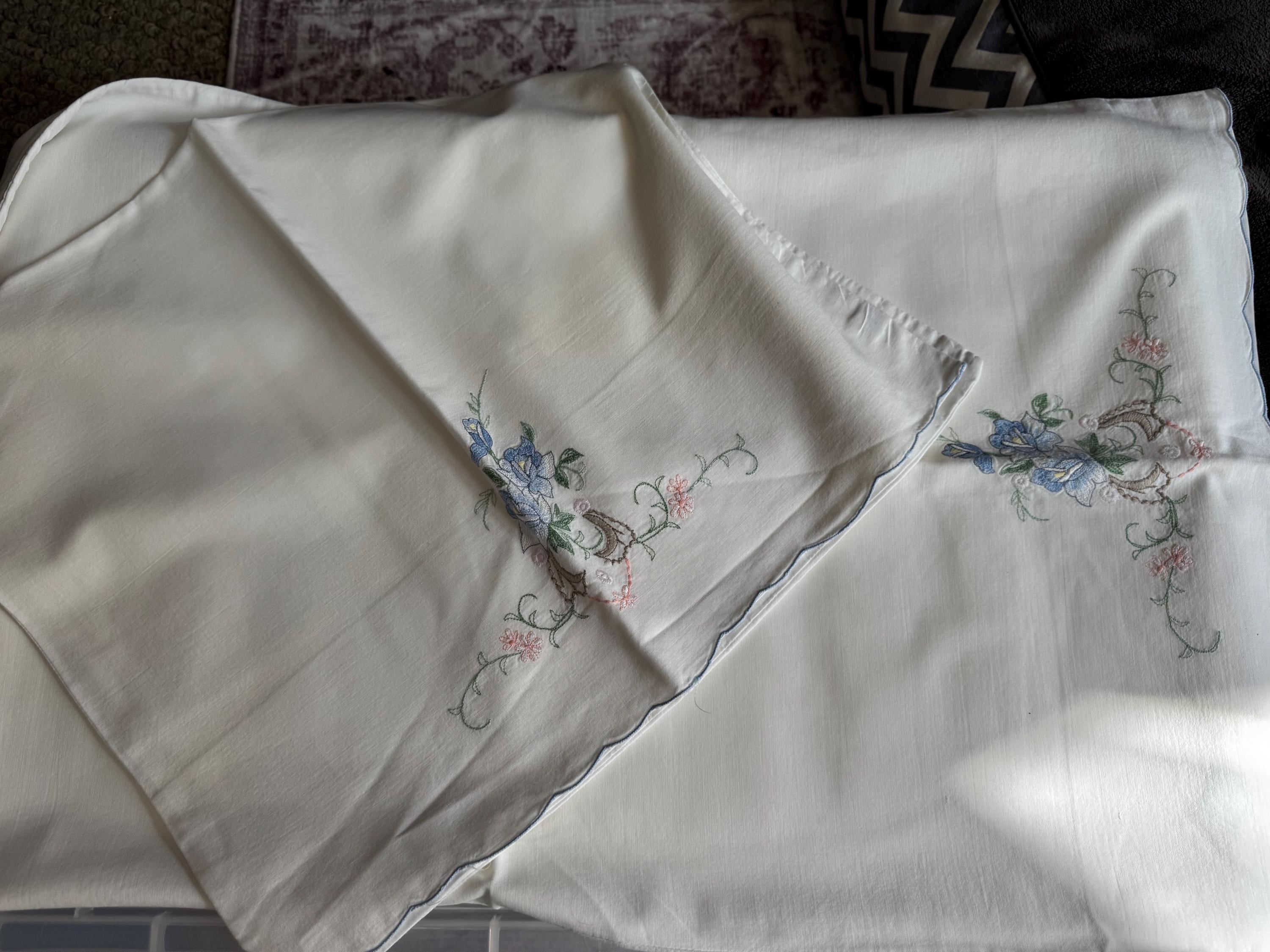 Pair / 2 Chateau chic bedding decor white cotton embroidered pillowcases with pink blue green floral flowers roses 28 x 16” inches
