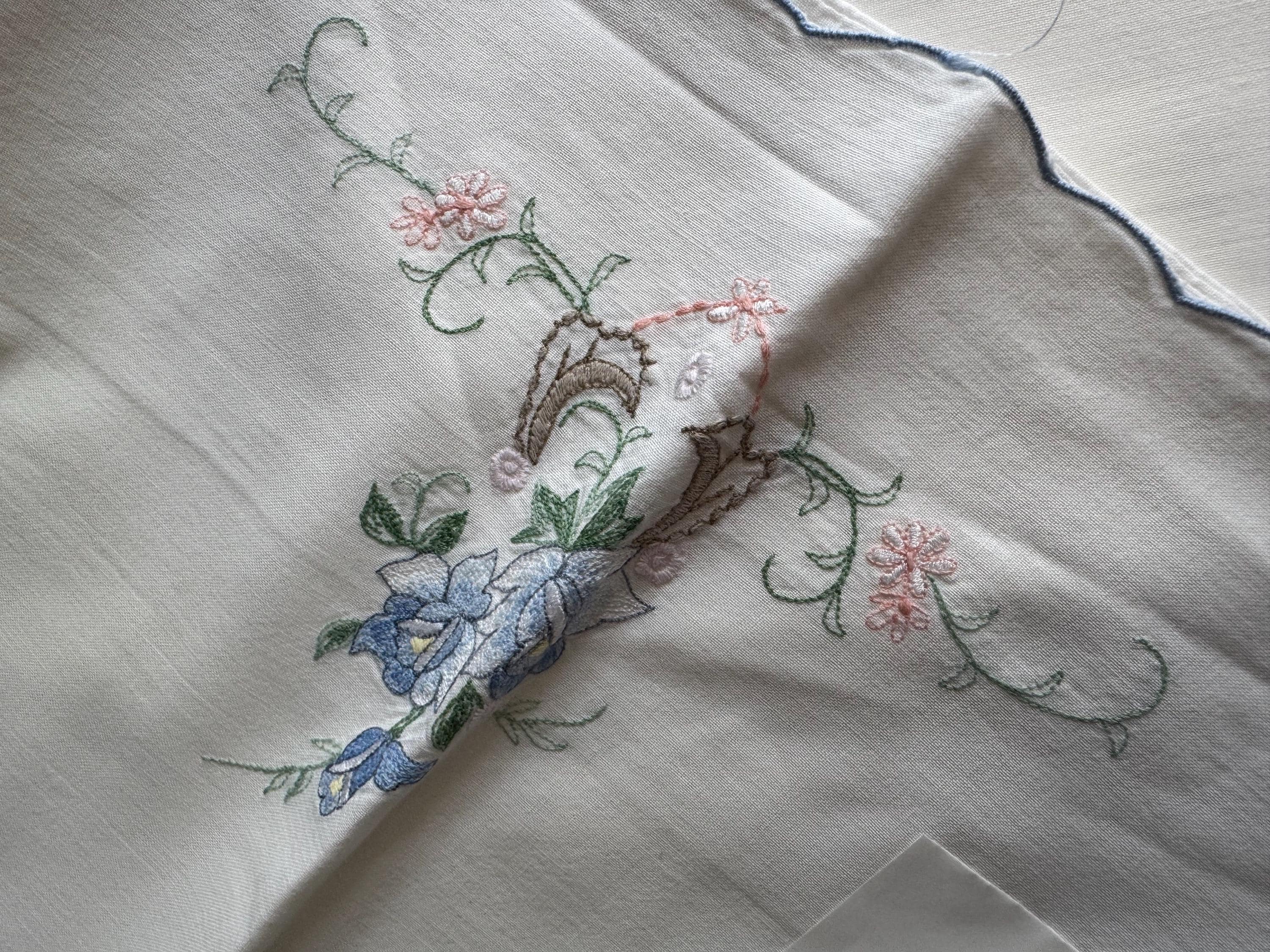 Pair / 2 Chateau chic bedding decor white cotton embroidered pillowcases with pink blue green floral flowers roses 28 x 16” inches