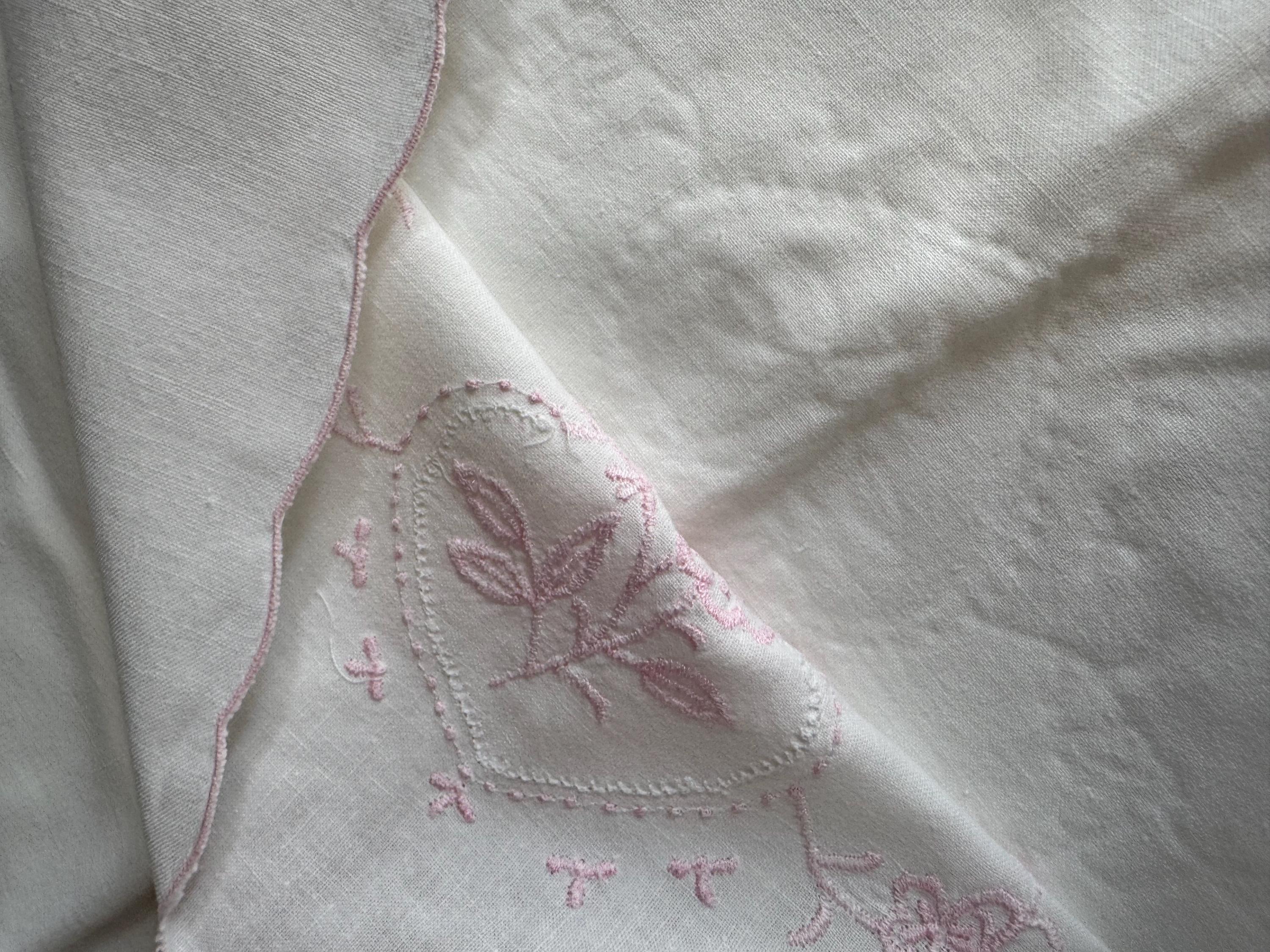 Pair / 2 Chateau chic bedding deco white crisp cotton embroidered pillowcases floral flowers 27 x 17 inch pink threadwork