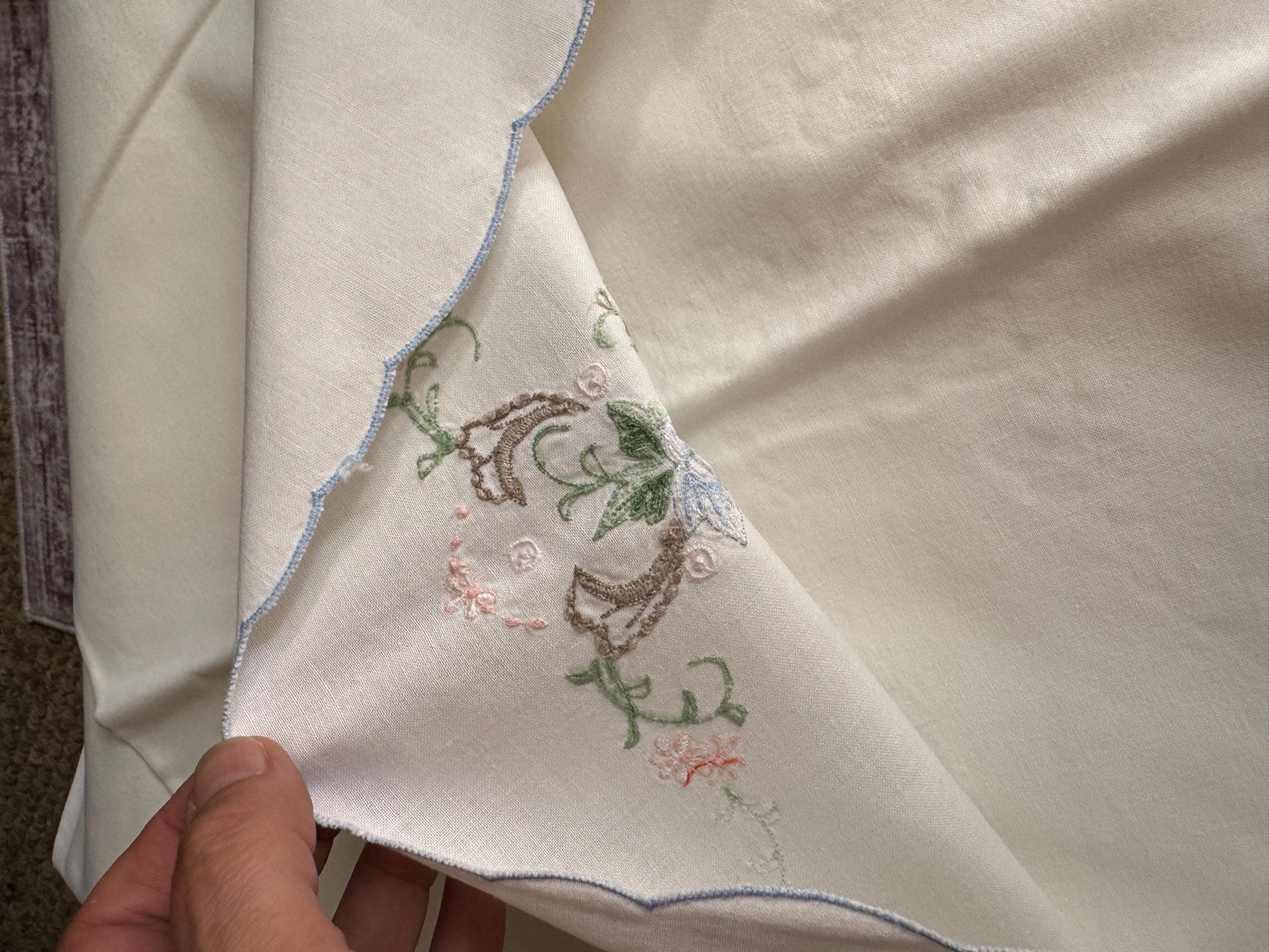 Pair / 2 Chateau chic bedding decor white cotton embroidered pillowcases with pink blue green floral flowers roses 28 x 16” inches
