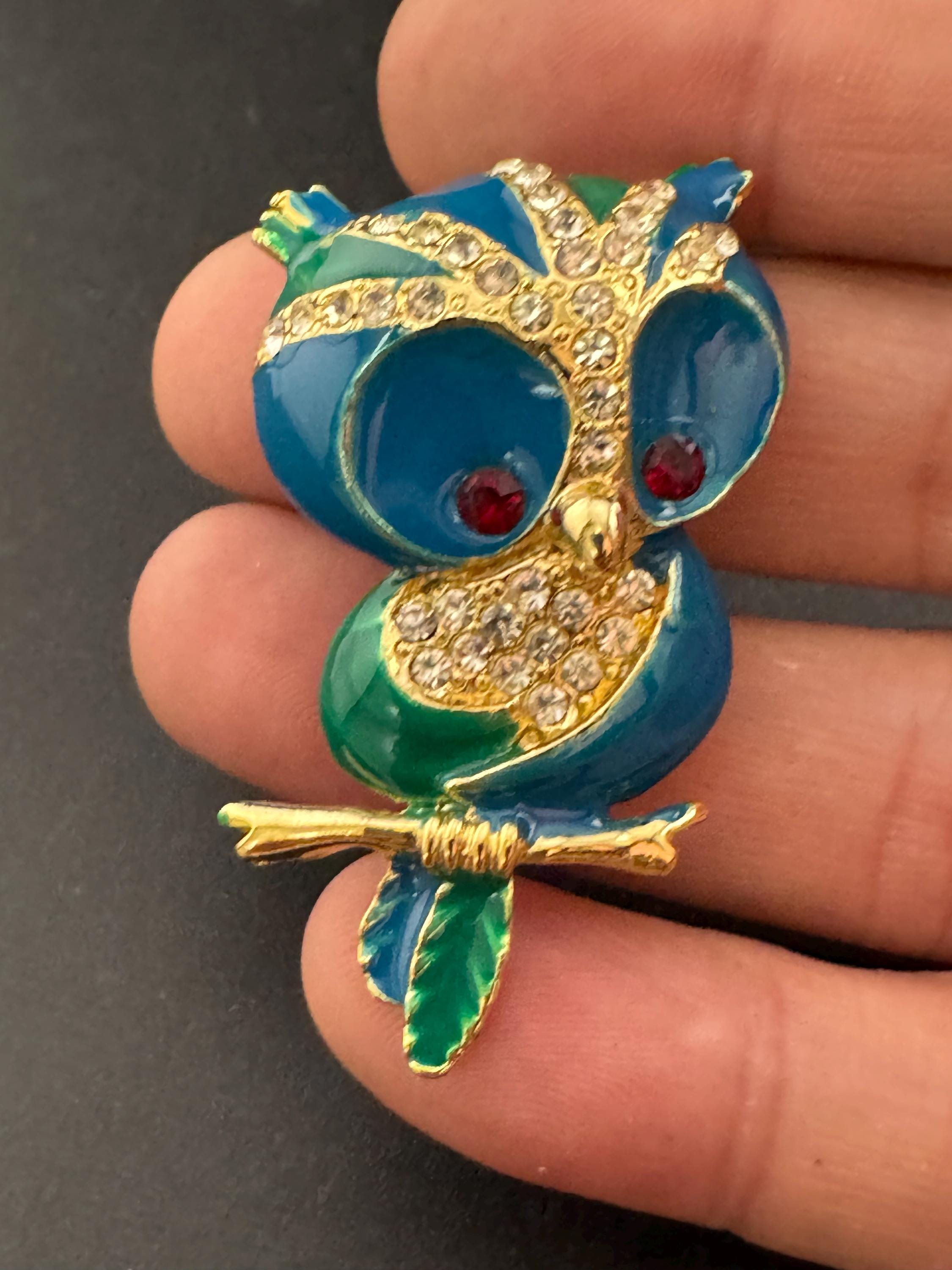 Retro green and blue enamel owl diamanté crystal brooch