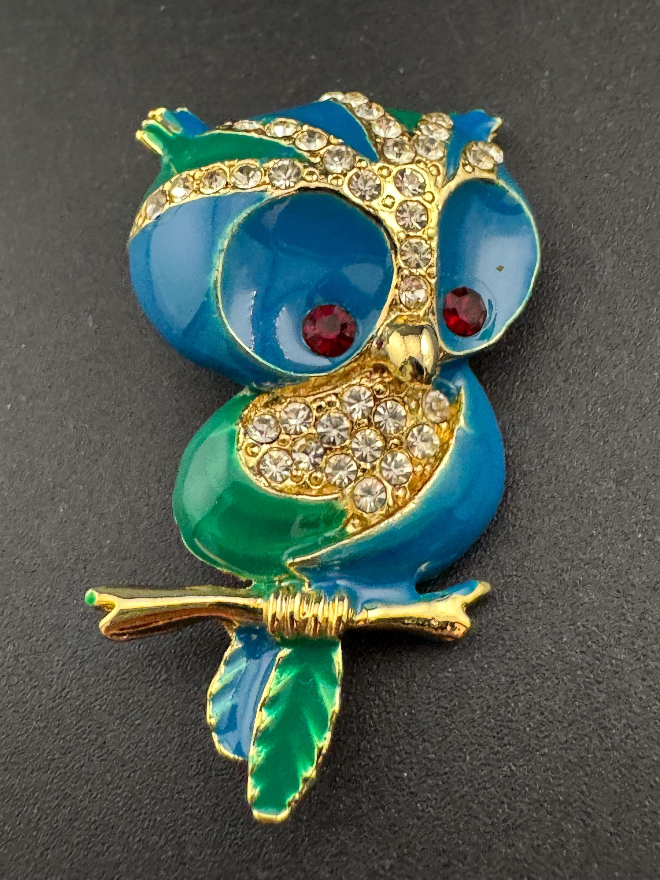 Retro green and blue enamel owl diamanté crystal brooch