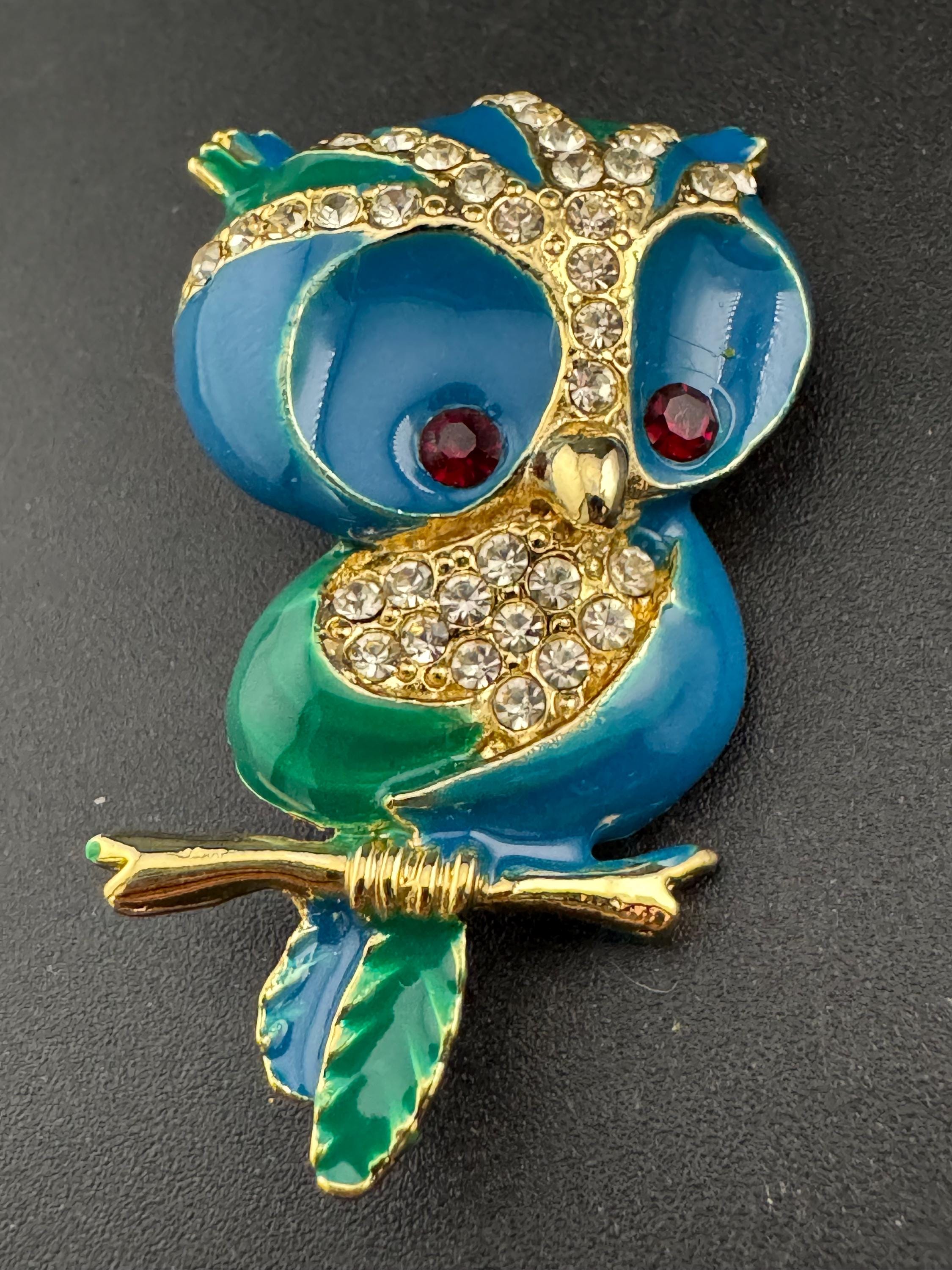 Retro green and blue enamel owl diamanté crystal brooch