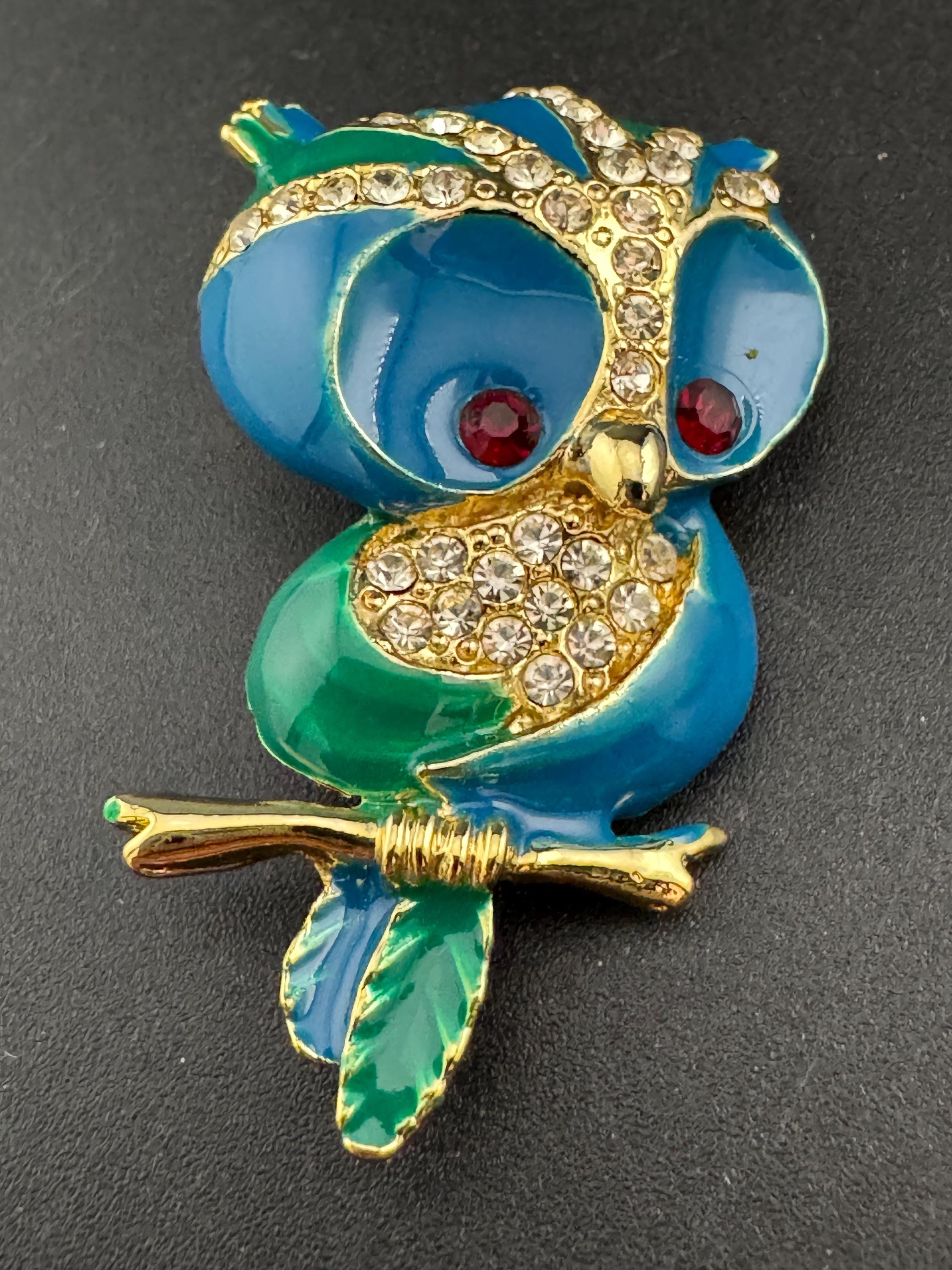 Retro green and blue enamel owl diamanté crystal brooch
