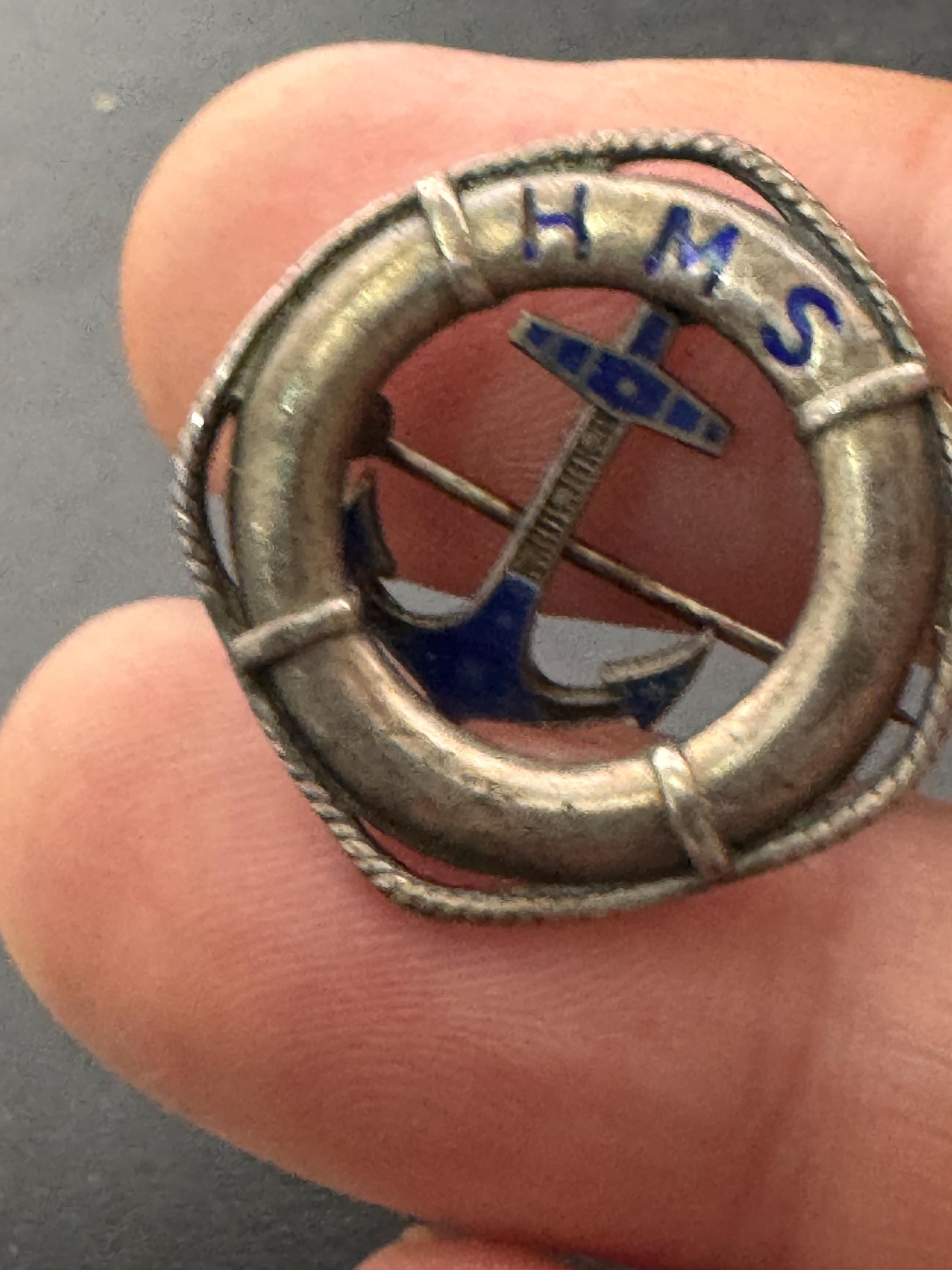 Dainty art deco period Sterling silver Antique nautical blue enamel anchor dangle Brooch, gift captain crew ship boat