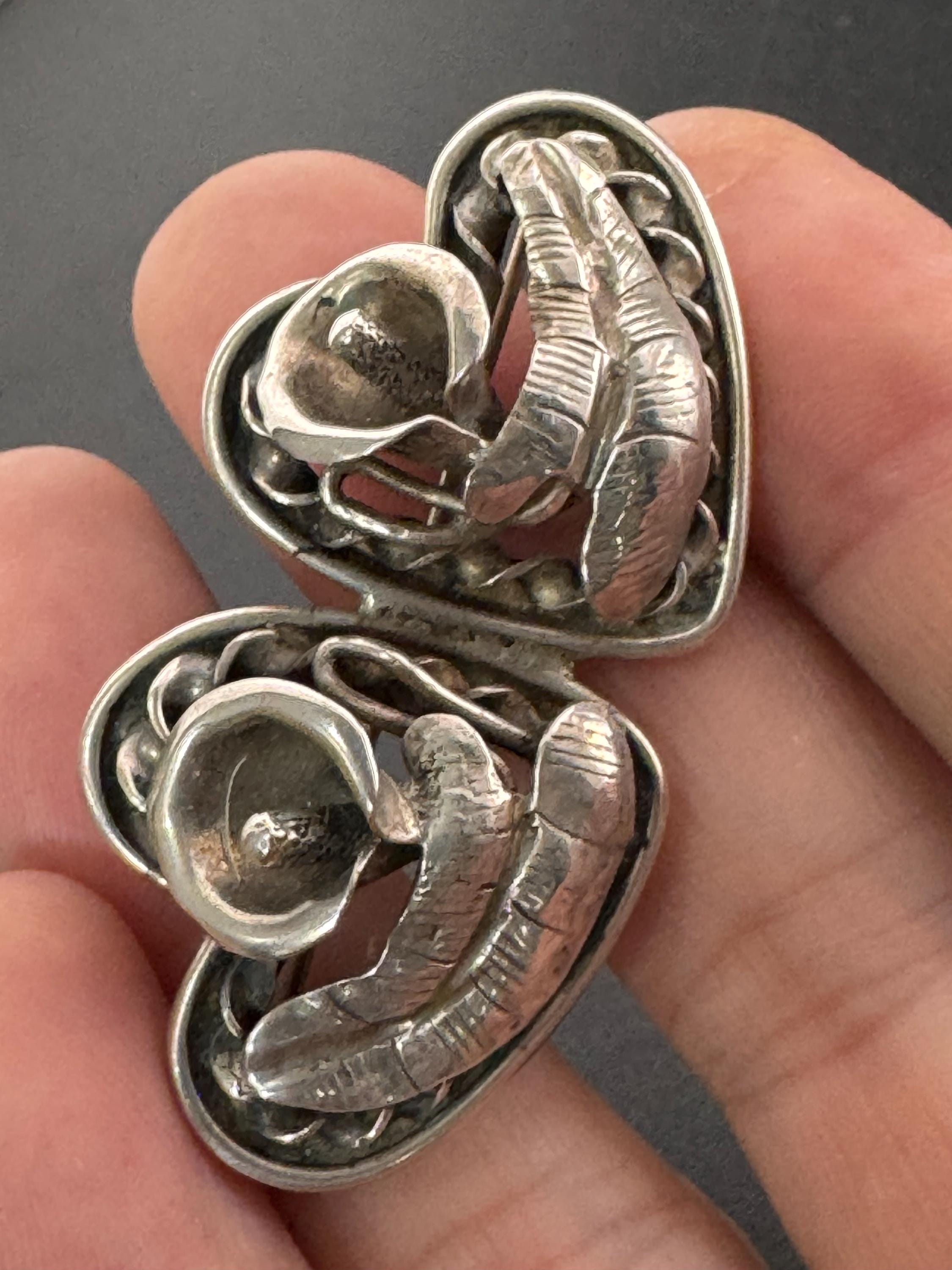 Weighty vintage stamped handmade sterling, 925 silver double love heart brooch with Lily flowers , in remembrance 13 grams sweetheart pin