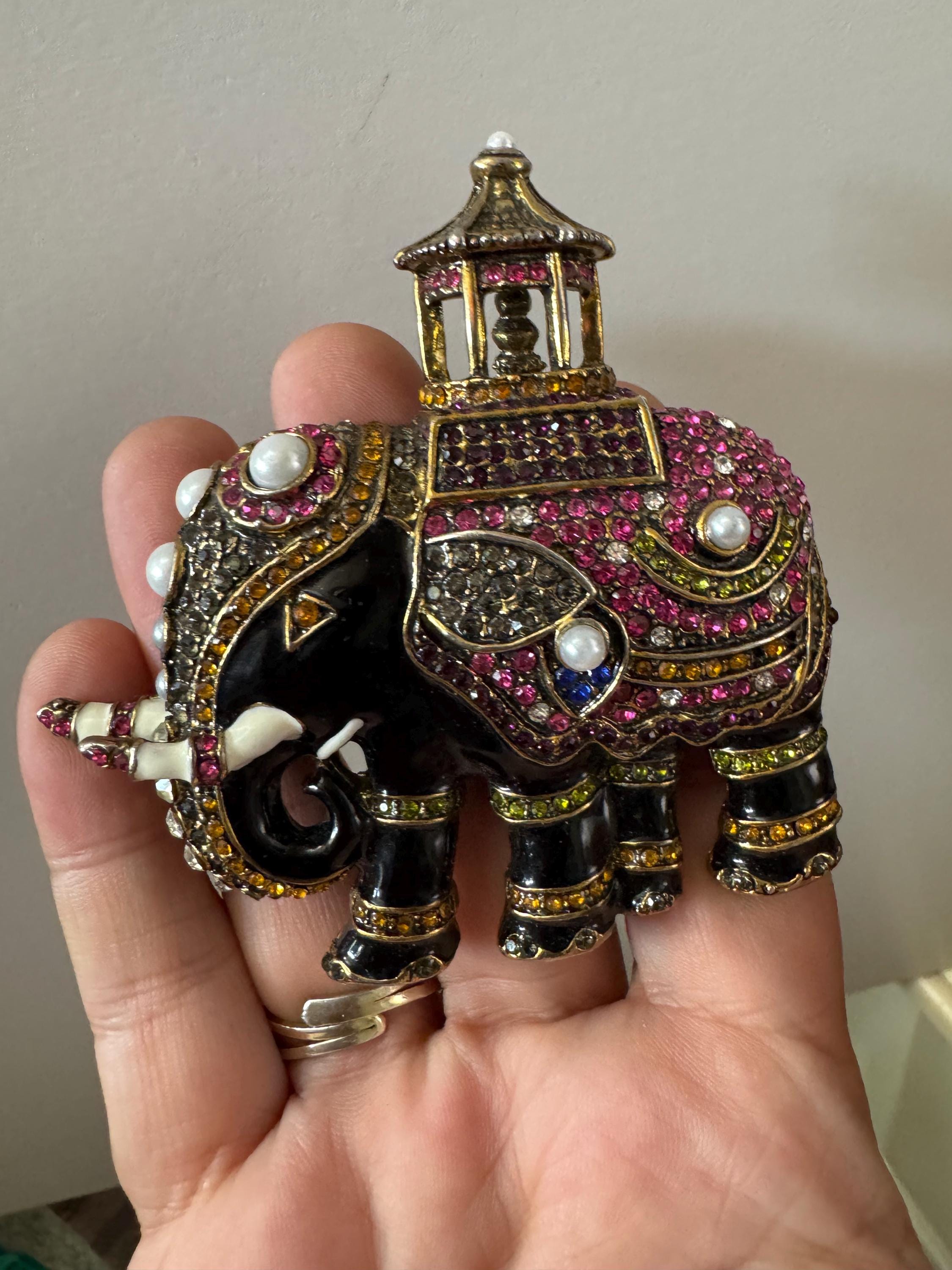 Large statement pin, black enamel pink diamanté Elephant Brooch gold tone with faux pearl