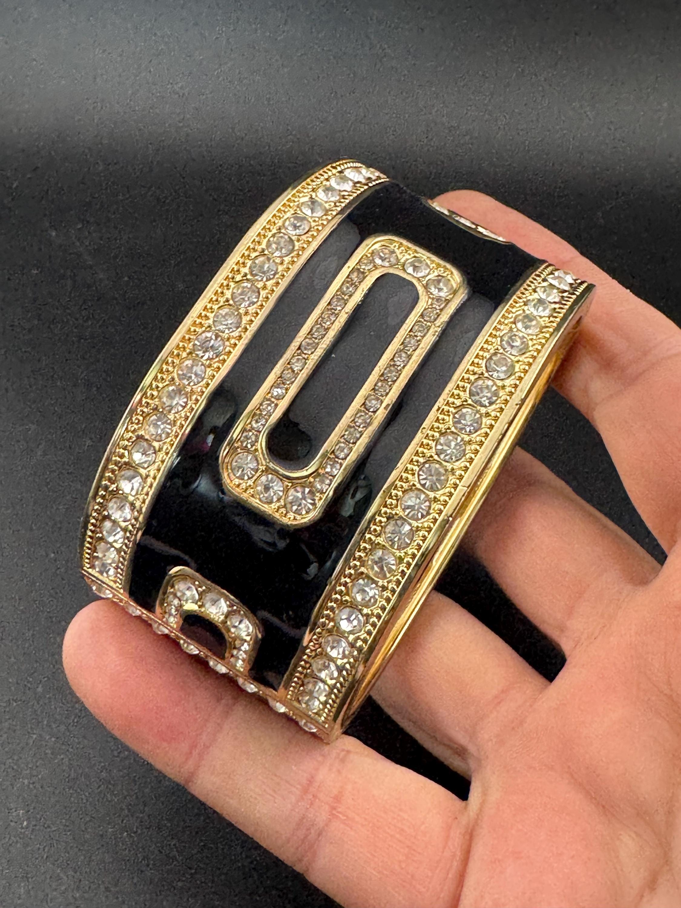 Retro black enamel clear diamanté crystals, gold tone wide art deco style clamper bangle cuff bracelet