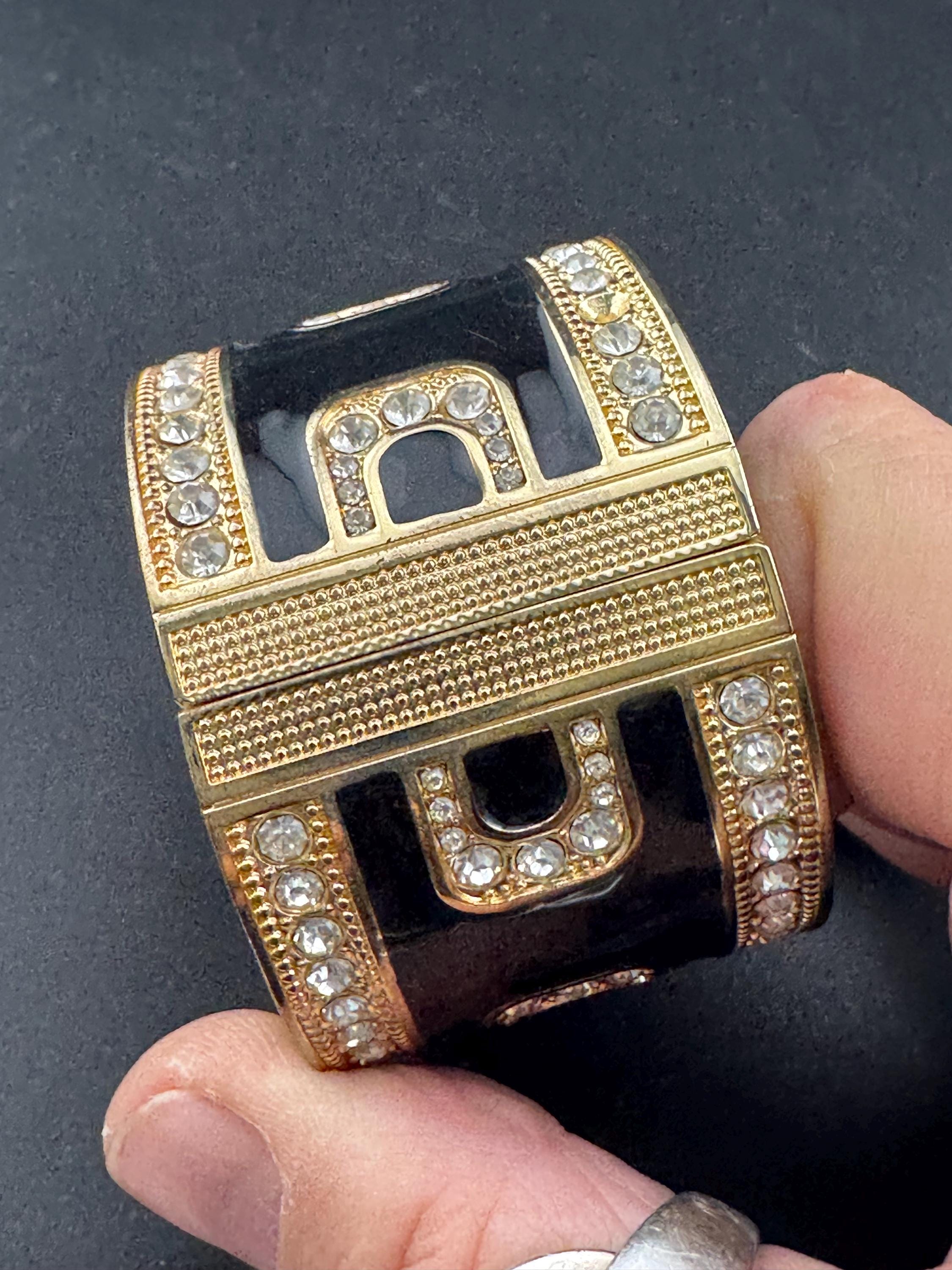 Retro black enamel clear diamanté crystals, gold tone wide art deco style clamper bangle cuff bracelet