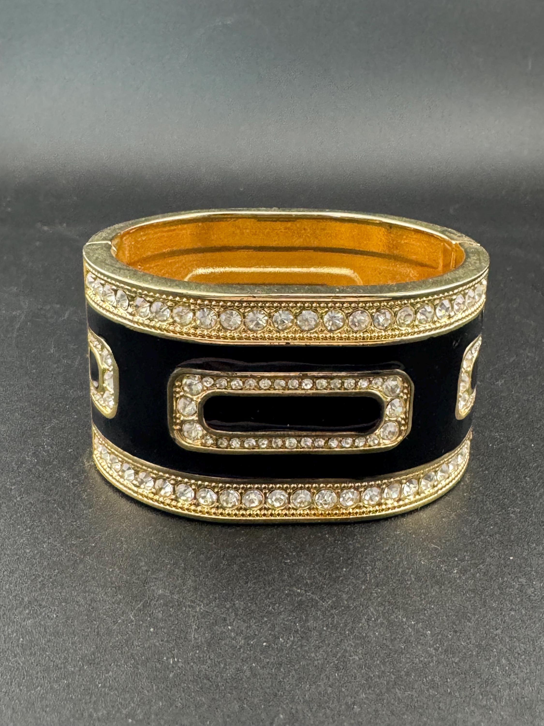 Retro black enamel clear diamanté crystals, gold tone wide art deco style clamper bangle cuff bracelet
