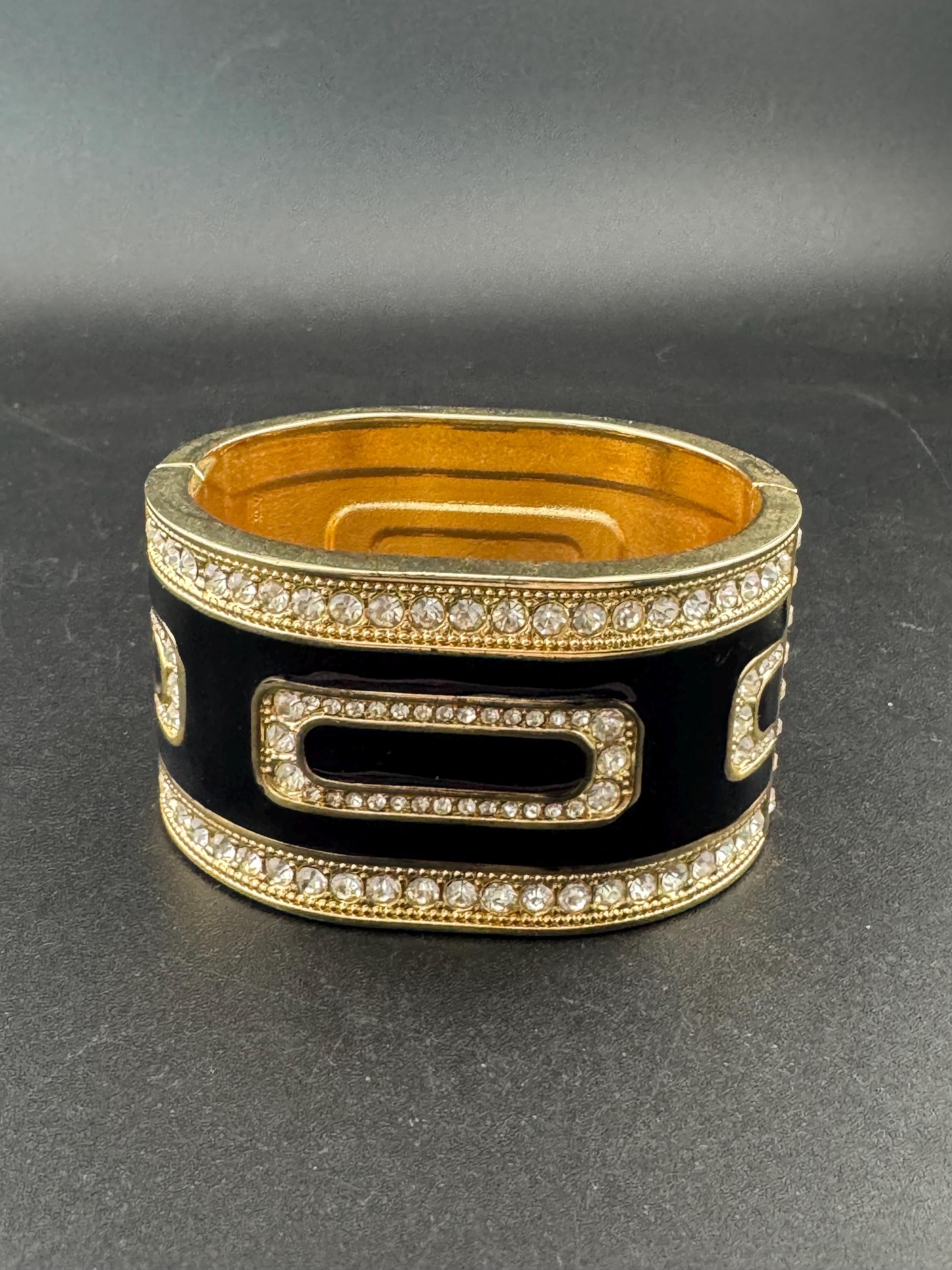 Retro black enamel clear diamanté crystals, gold tone wide art deco style clamper bangle cuff bracelet