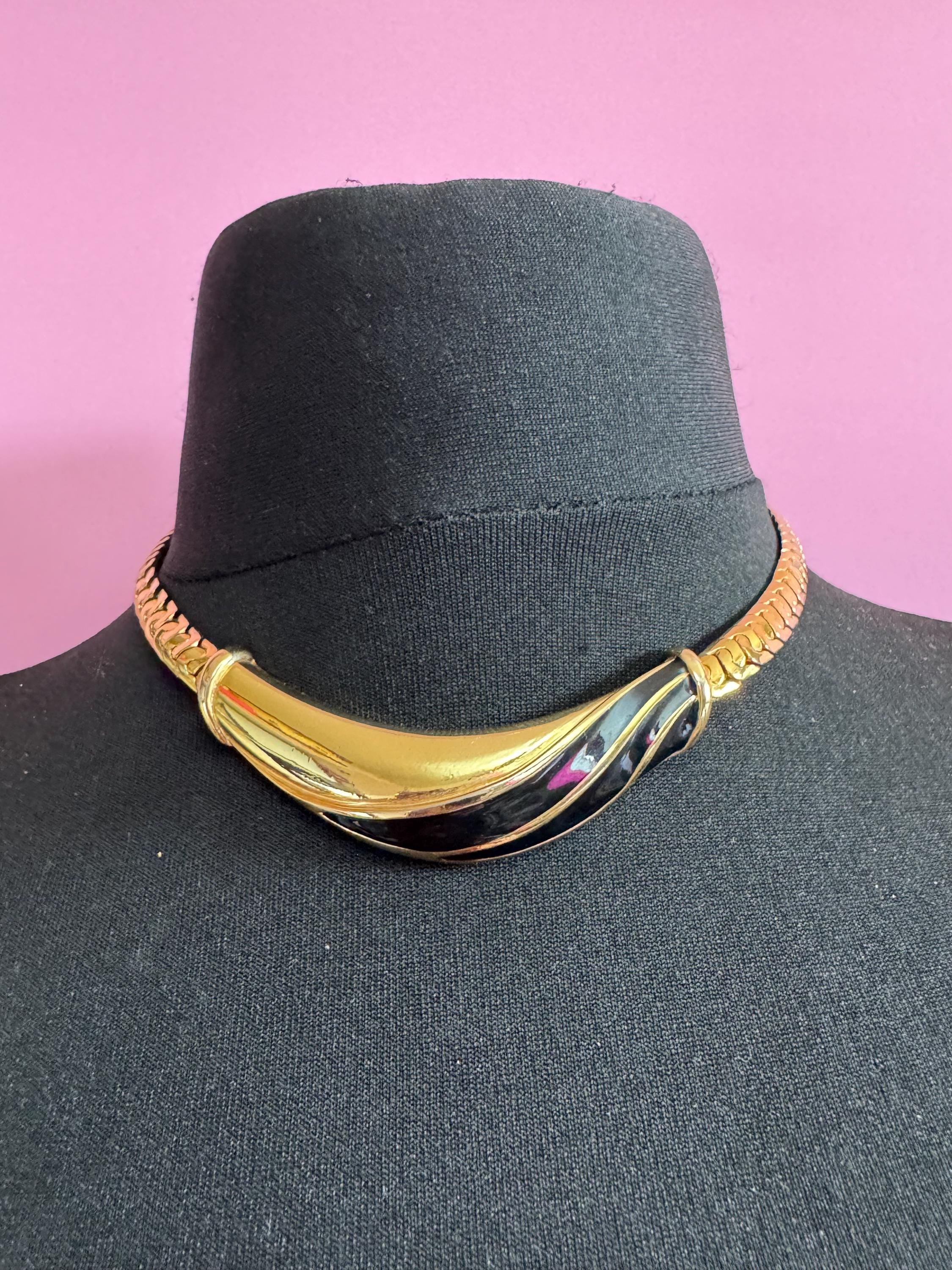 vintage heavy gold plated wide black enamel statement flat chain chunky choker necklace