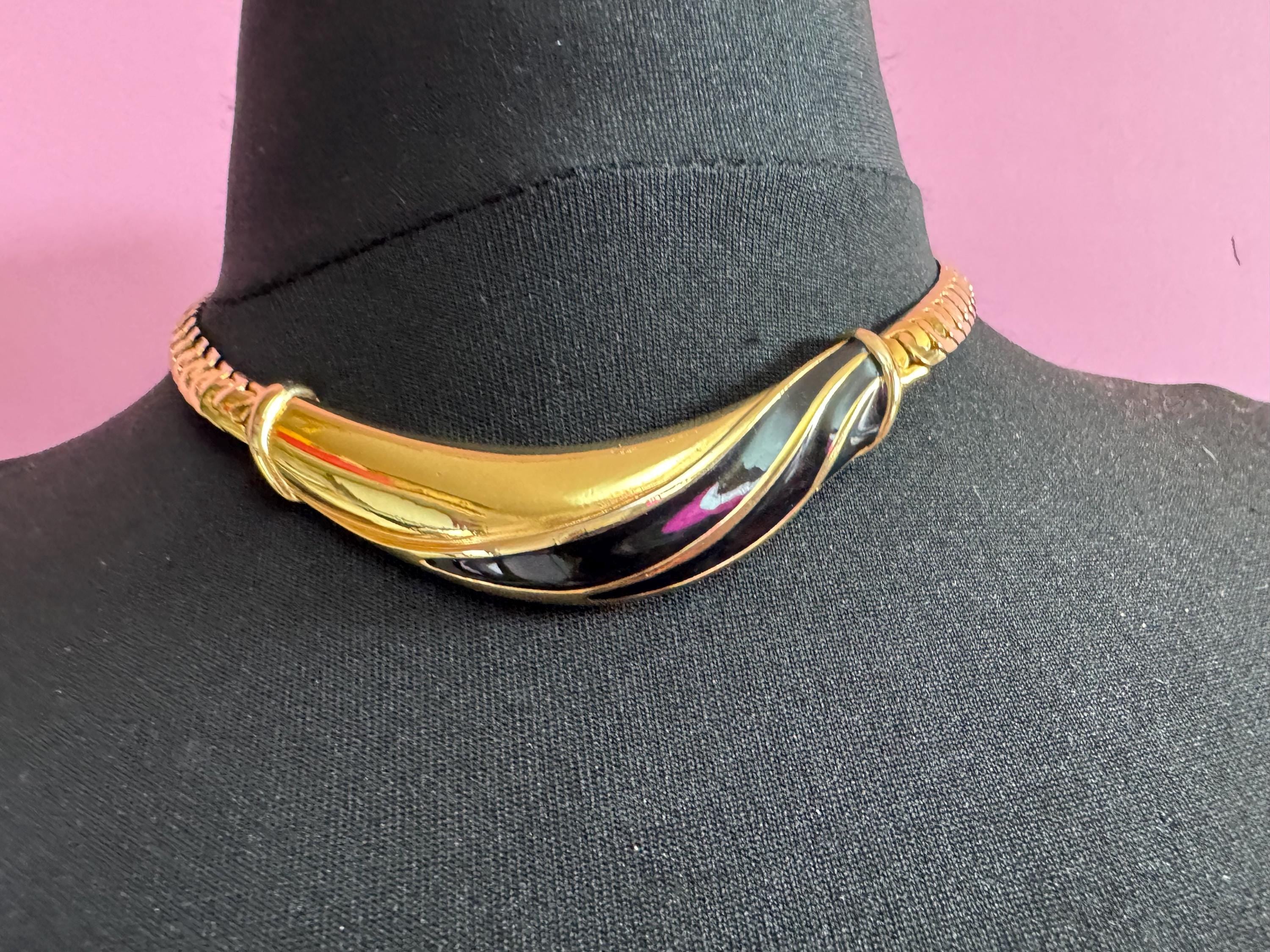 vintage heavy gold plated wide black enamel statement flat chain chunky choker necklace