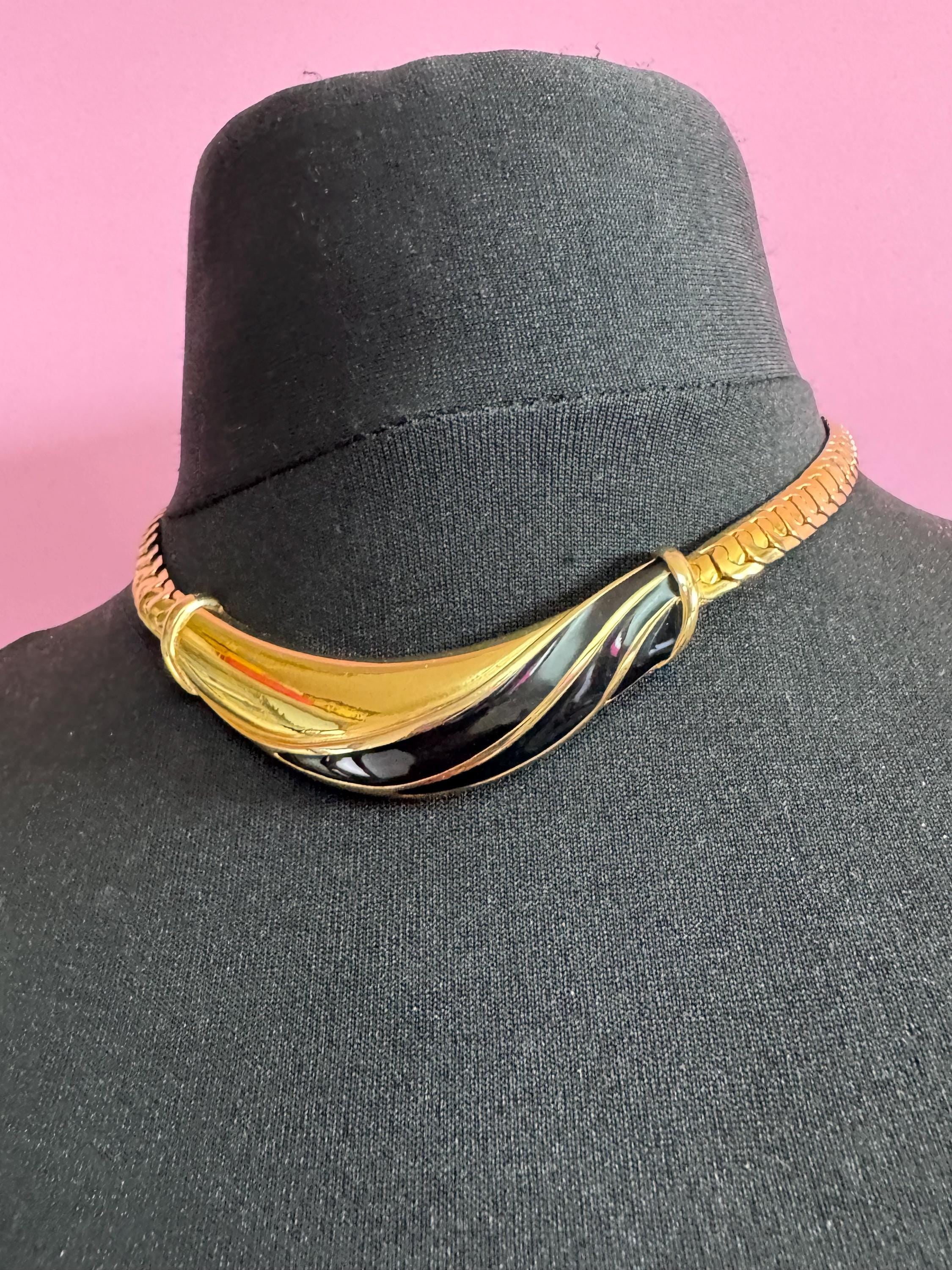 vintage heavy gold plated wide black enamel statement flat chain chunky choker necklace