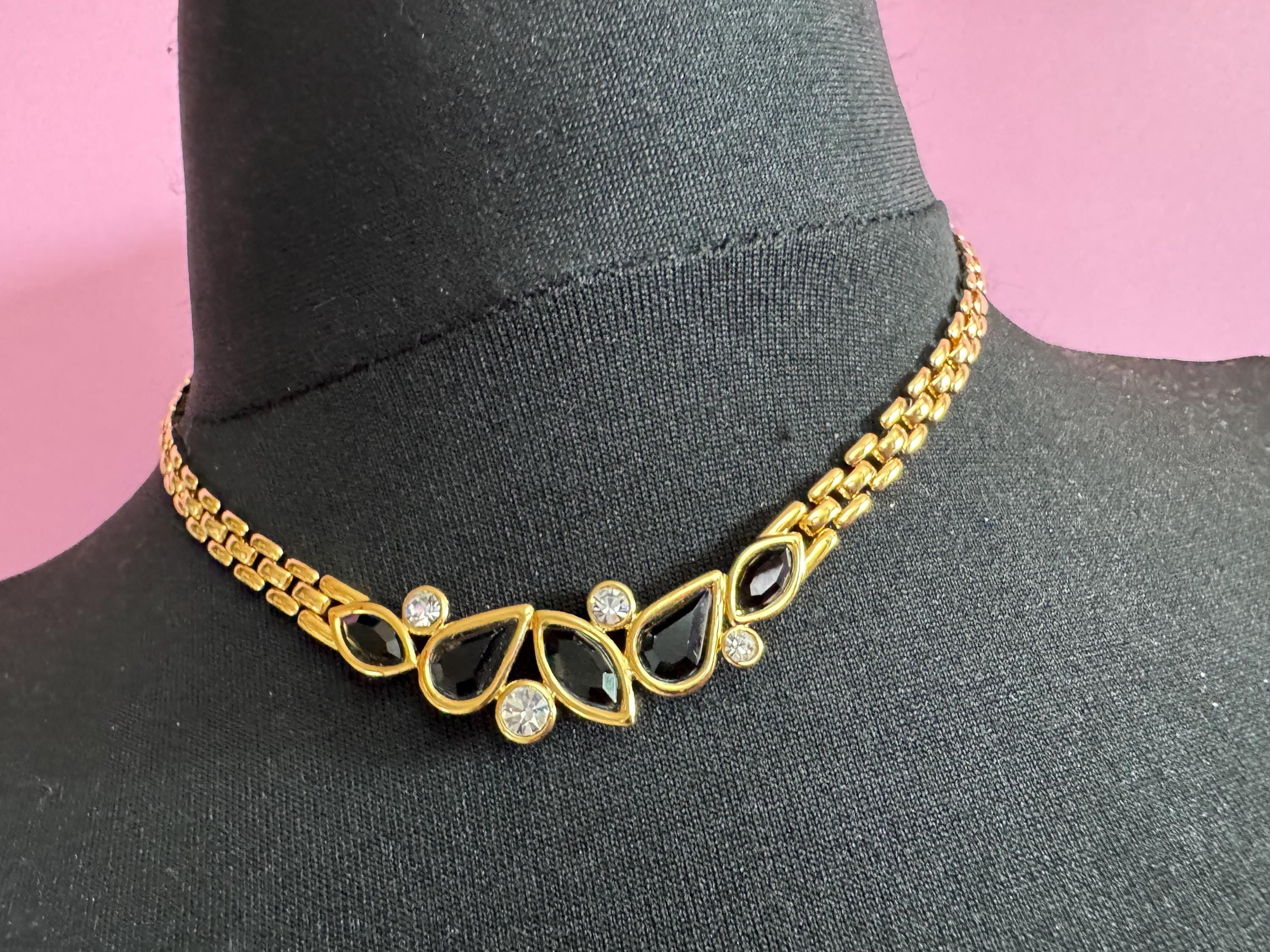 Signed TRIFARI designer black enamel crystal set necklace and matching earring set, Vintage 43cm