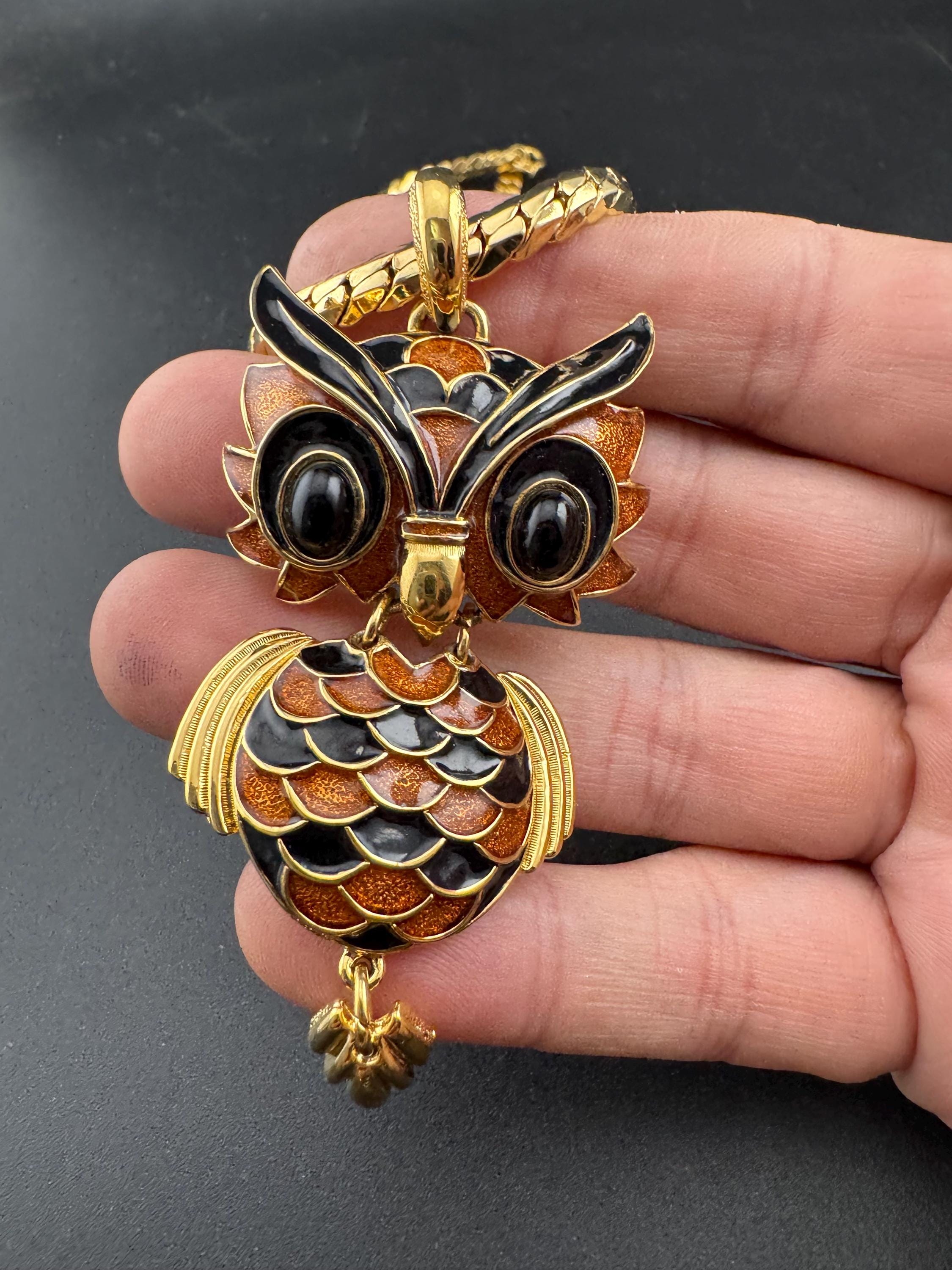 D'Orlan Enamel Owl Pendant Necklace: 1970s Gold Plated Chain designer