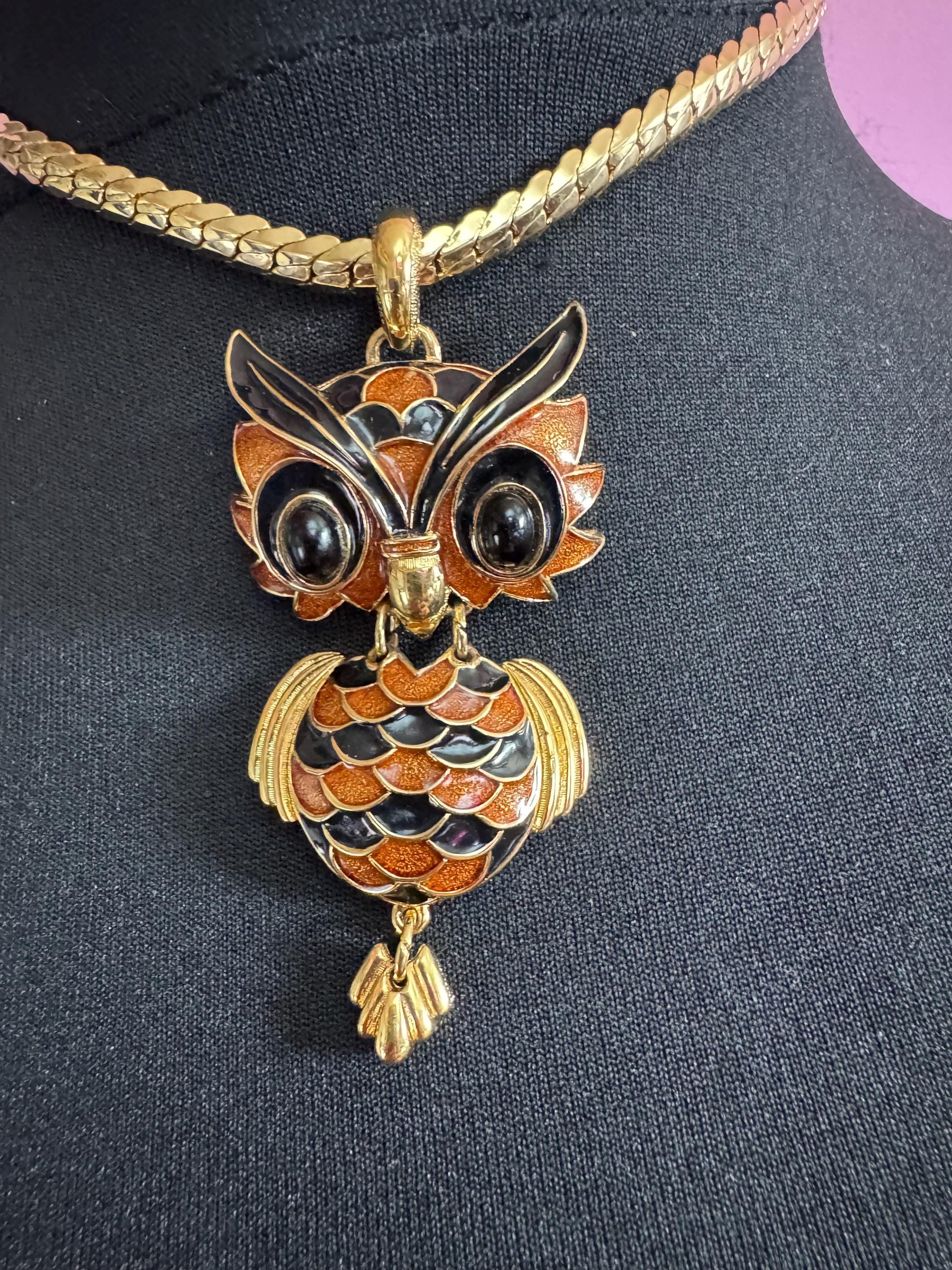 D'Orlan Enamel Owl Pendant Necklace: 1970s Gold Plated Chain designer