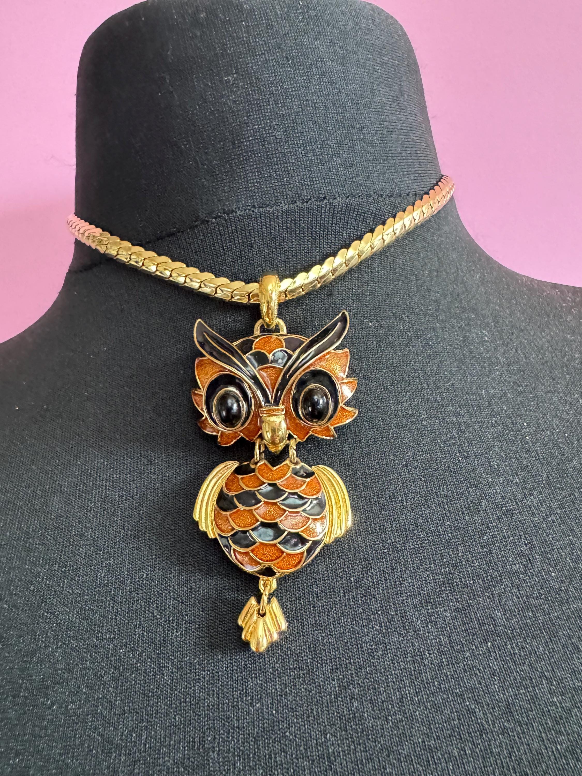 D'Orlan Enamel Owl Pendant Necklace: 1970s Gold Plated Chain designer