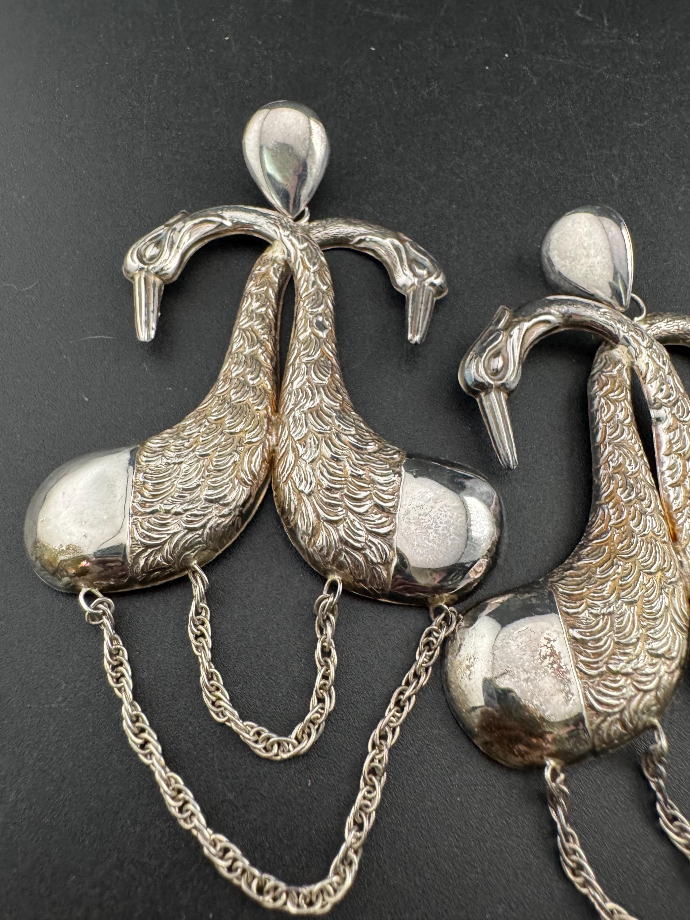 Whopping 10cm Vintage lightweight Sterling silver long swan birds pierced drop earrings 925