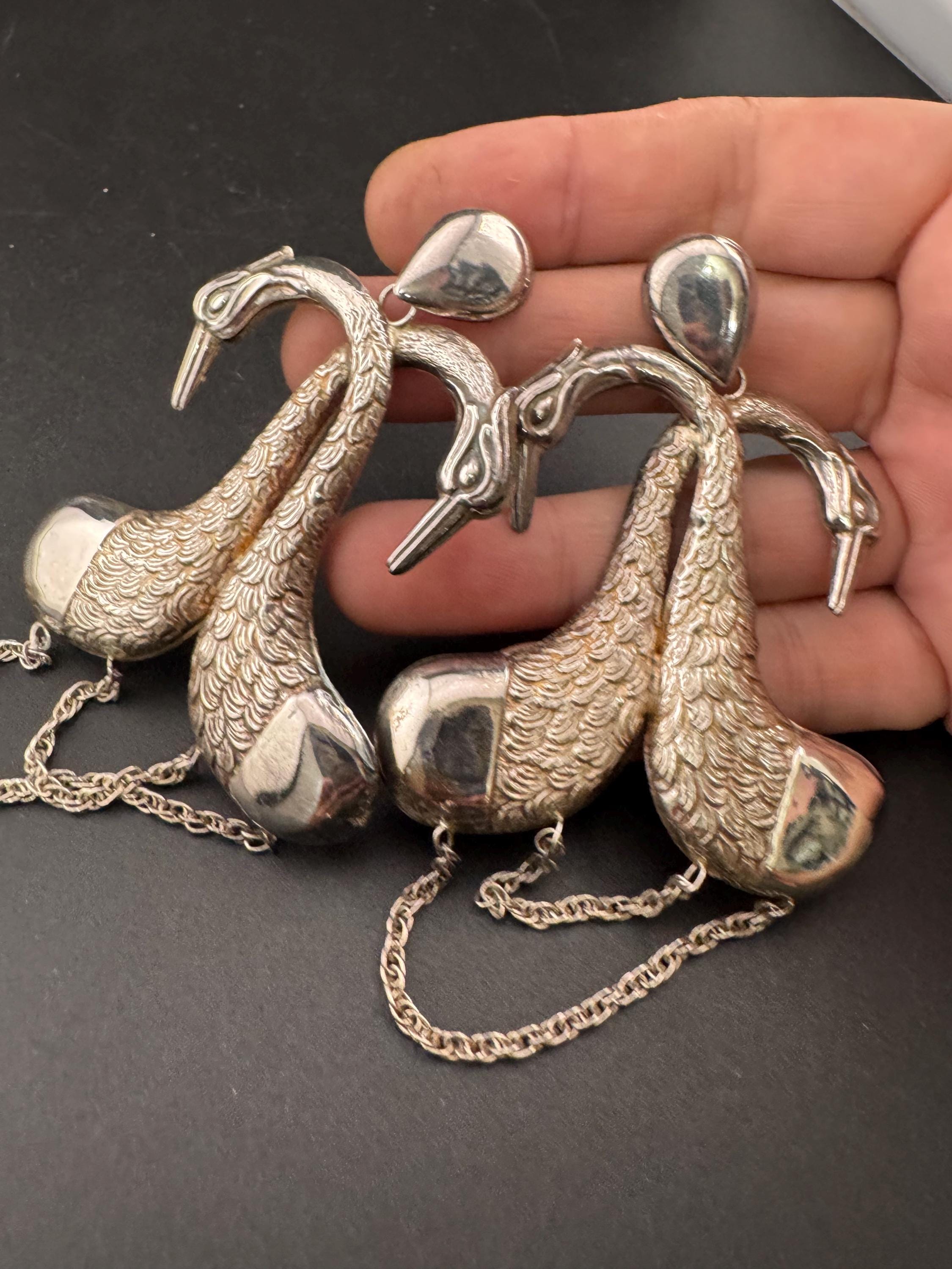 Whopping 10cm Vintage lightweight Sterling silver long swan birds pierced drop earrings 925