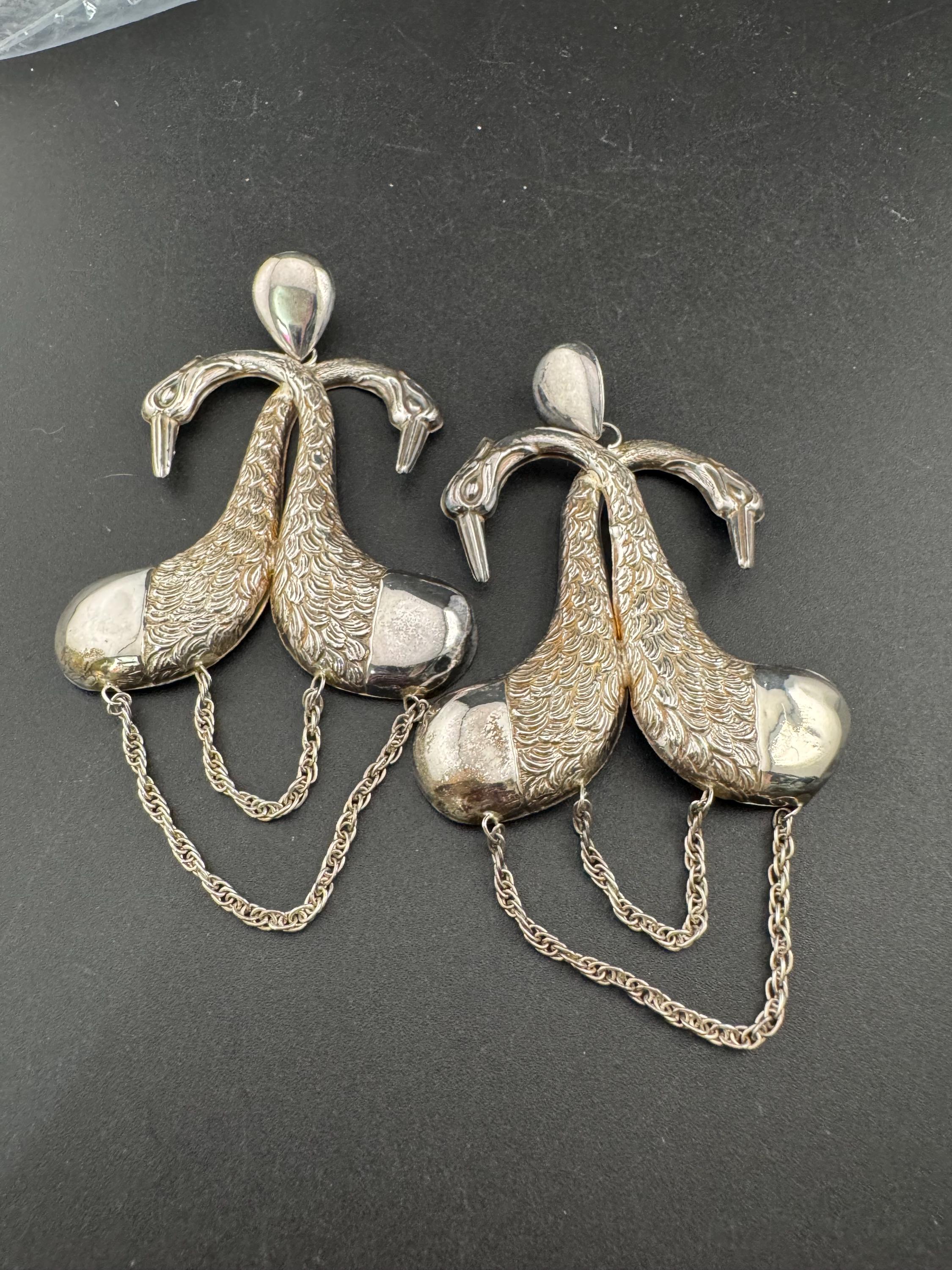 Whopping 10cm Vintage lightweight Sterling silver long swan birds pierced drop earrings 925