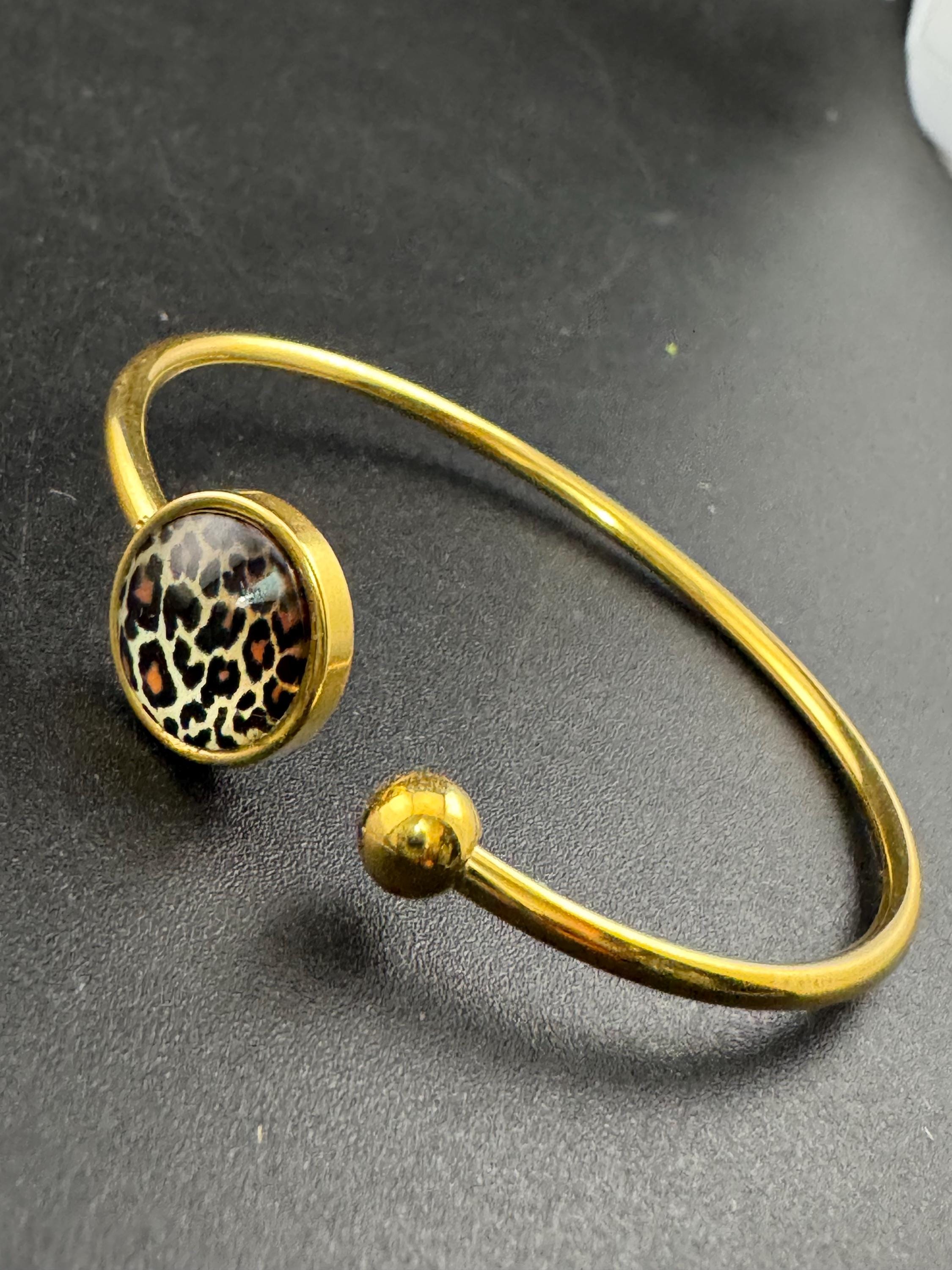 Leopard print gold tone stainless steel glass 12mm cabochon bangle bracelet, dainty slim bangles