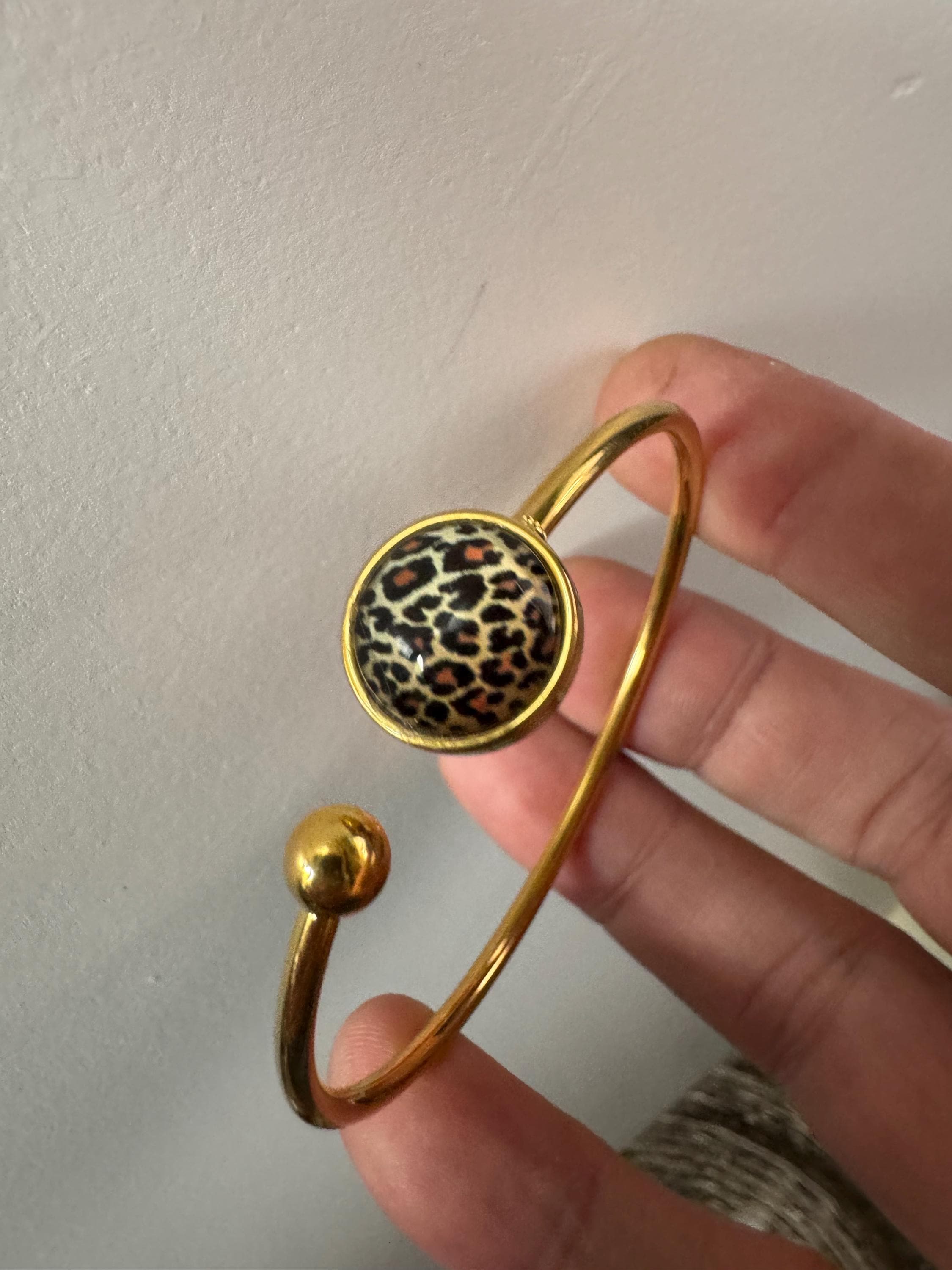 Leopard print gold tone stainless steel glass 12mm cabochon bangle bracelet, dainty slim bangles
