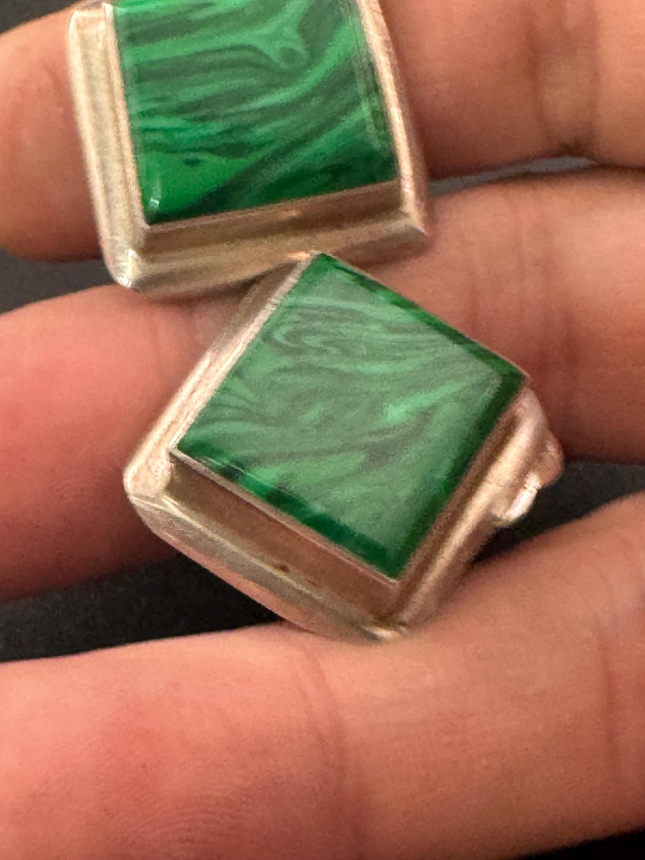 Vintage chunky 2.75cm 925 modernist sterling silver and malachite green gemstone square cube clip on earrings 16.1 grams