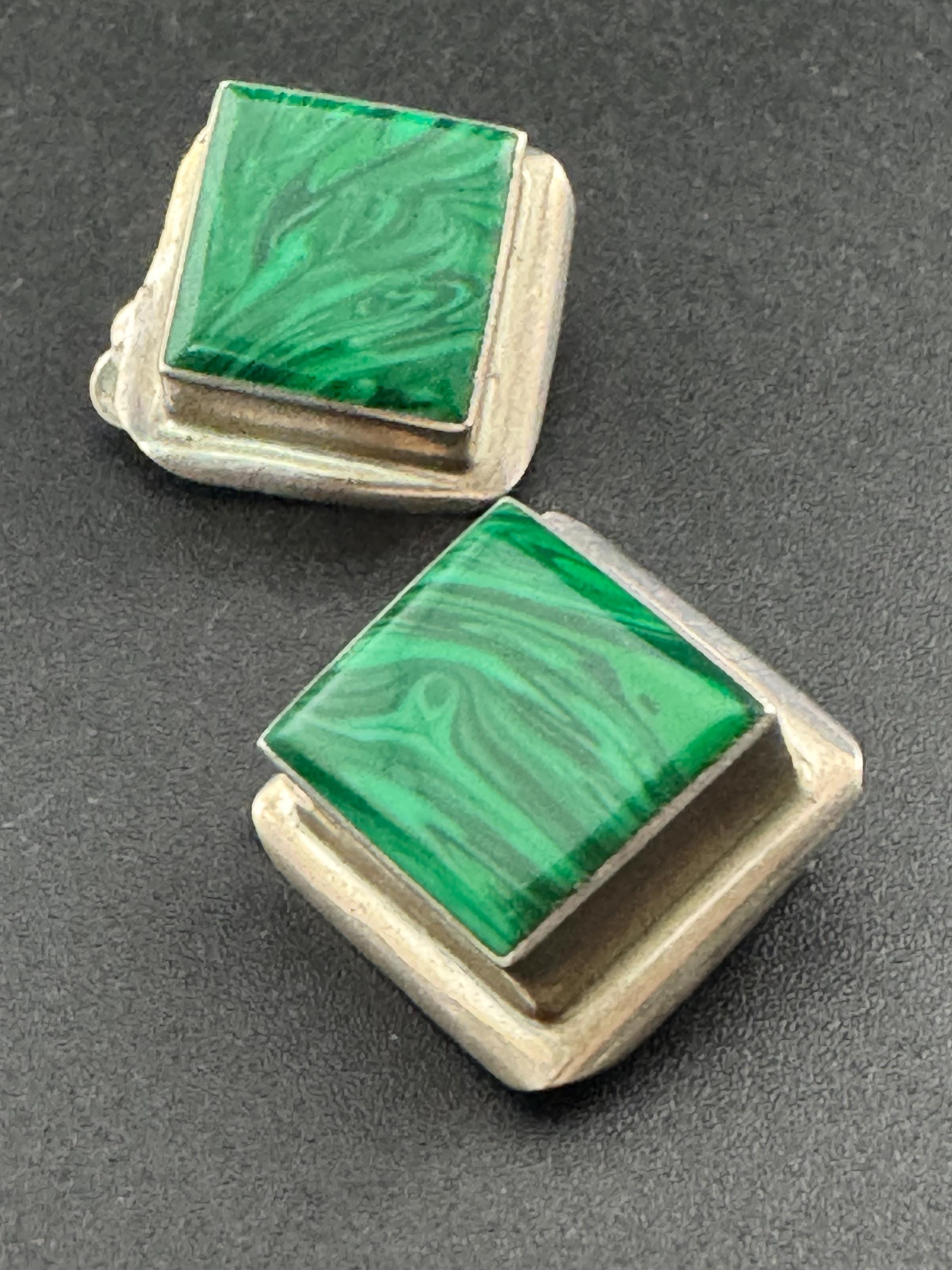 Vintage chunky 2.75cm 925 modernist sterling silver and malachite green gemstone square cube clip on earrings 16.1 grams