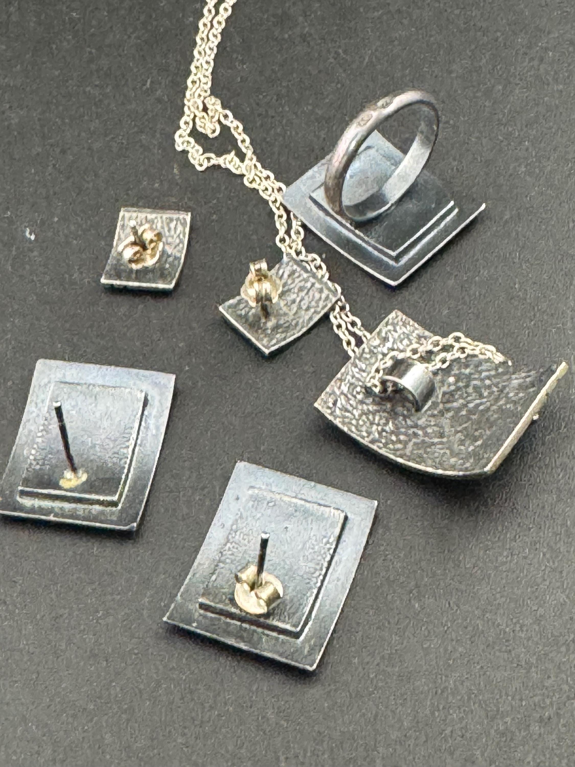 925 modernist sterling silver jewellery set, 2 pairs earrings, pendant necklace and ring size L