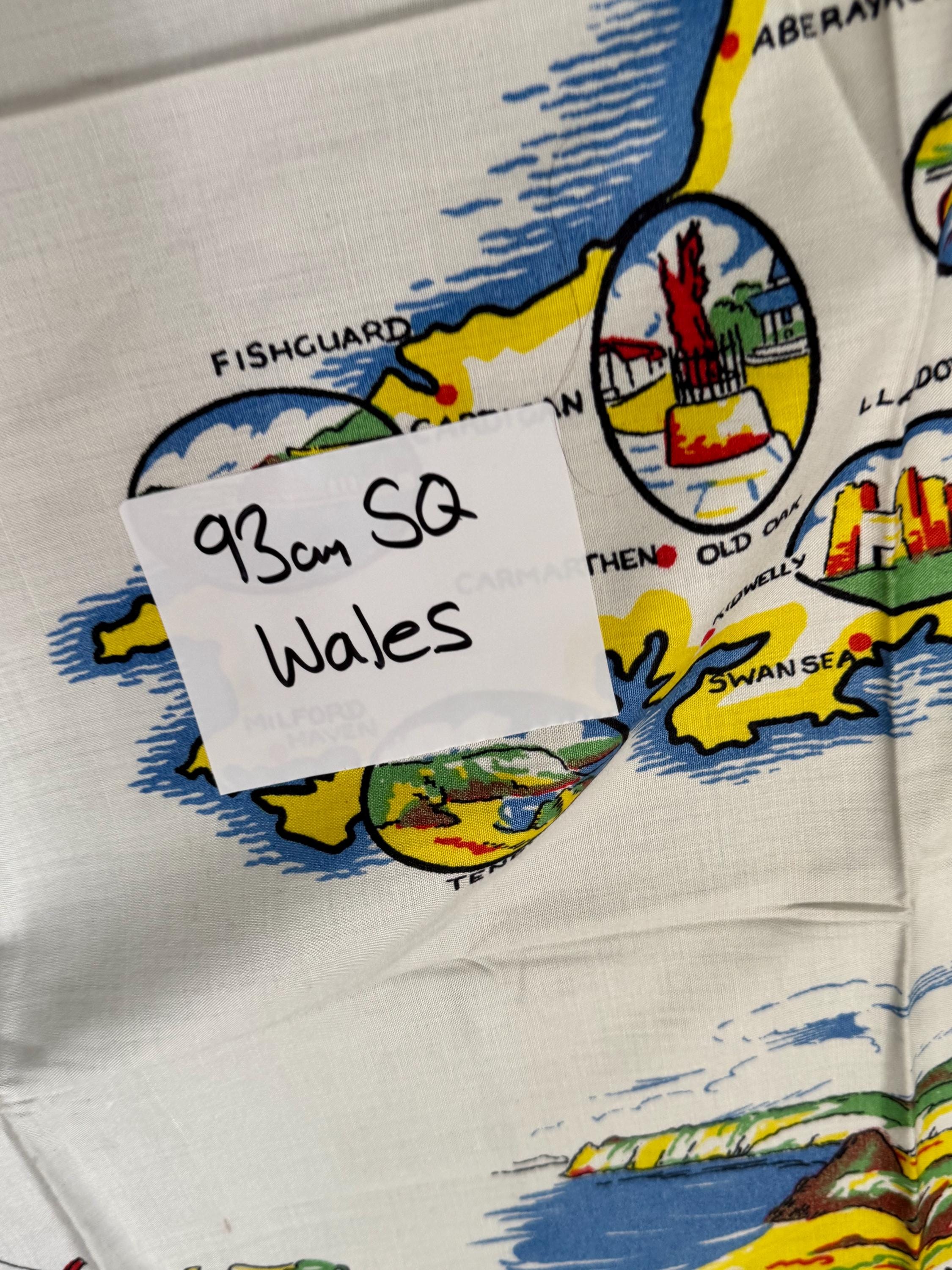 93cm near square souvenir of Wales tourist linen Welsh cotton tablecloth printed , vintage linens for teaahop
