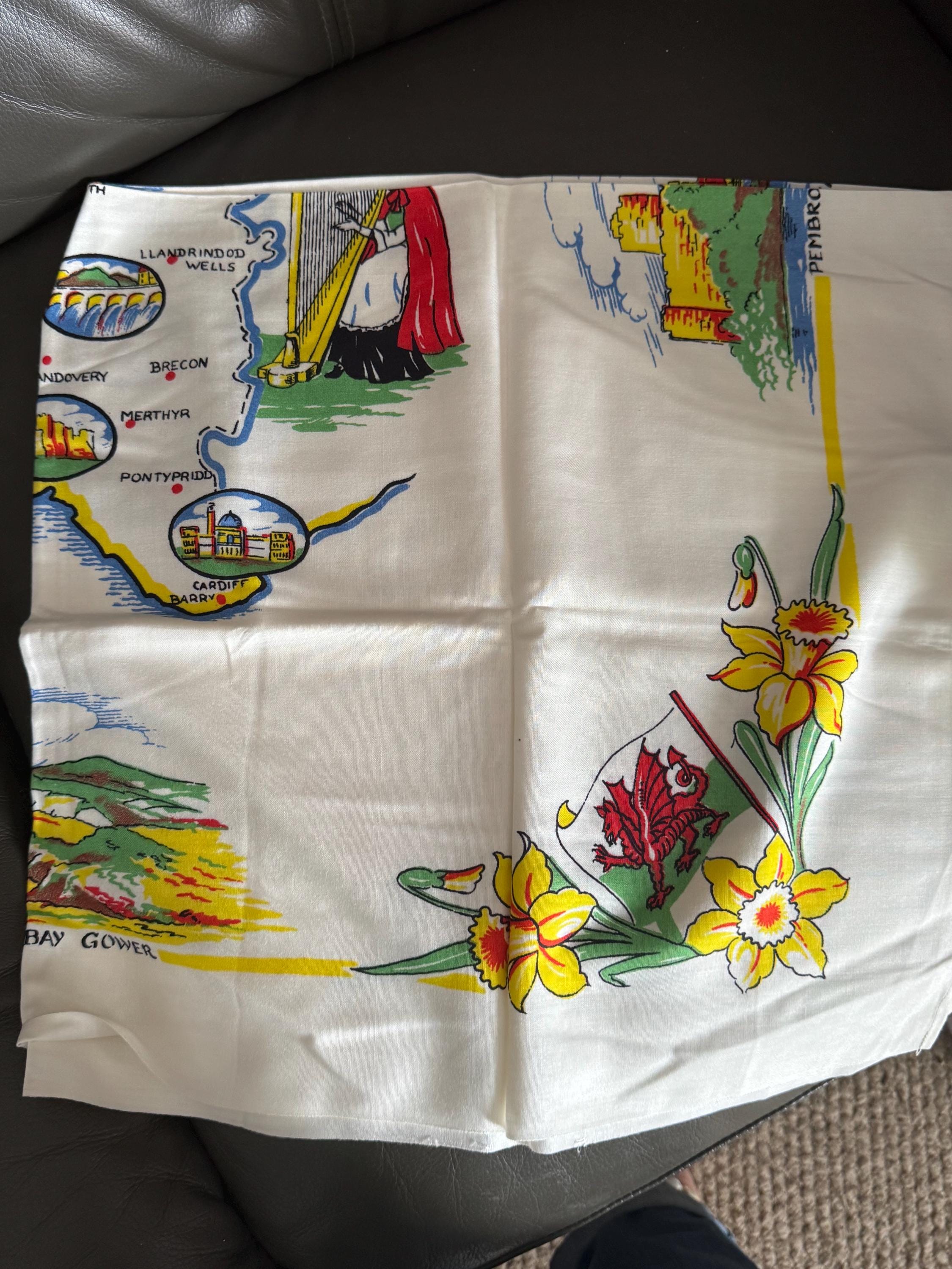 93cm near square souvenir of Wales tourist linen Welsh cotton tablecloth printed , vintage linens for teaahop