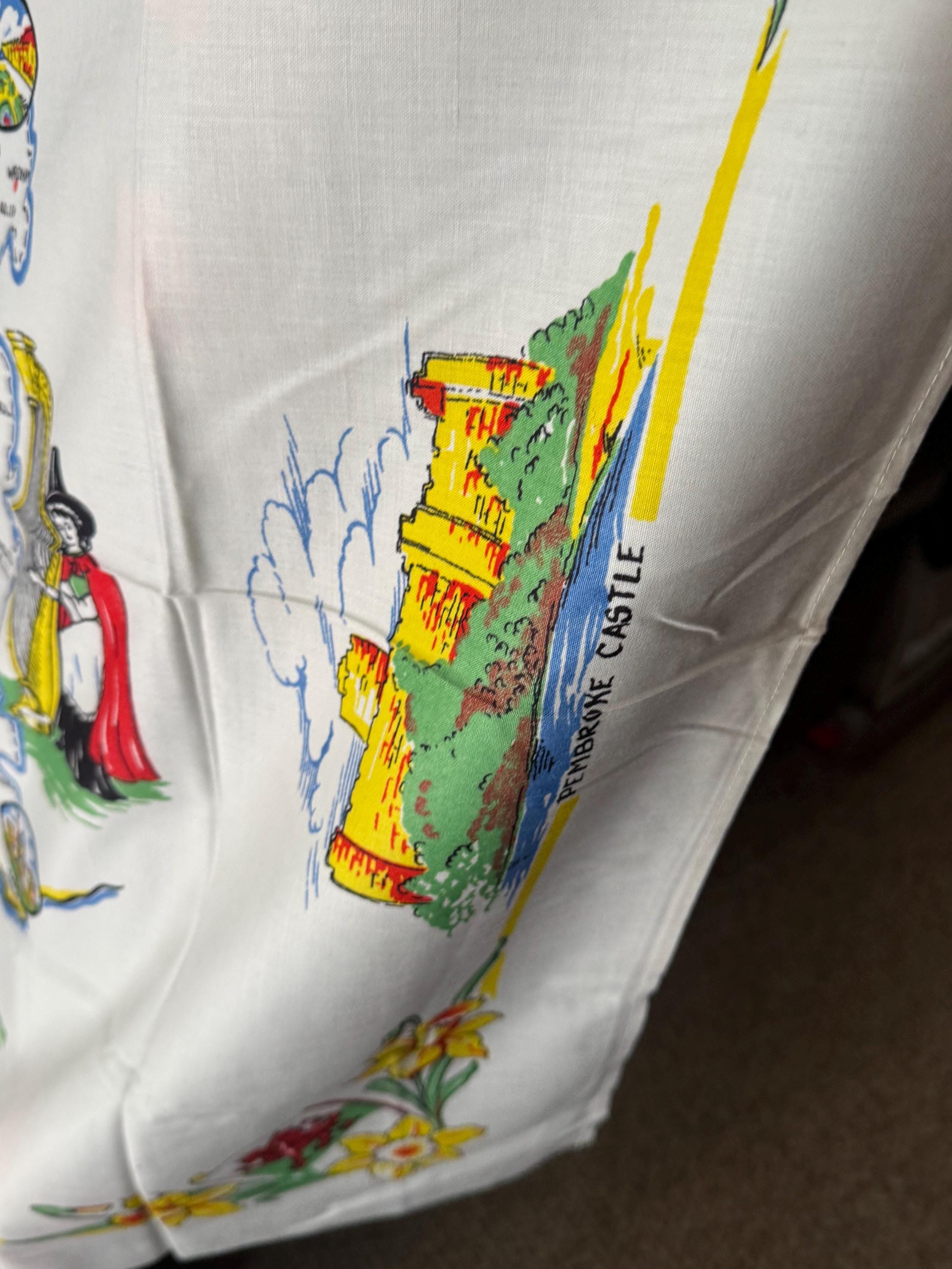 93cm near square souvenir of Wales tourist linen Welsh cotton tablecloth printed , vintage linens for teaahop