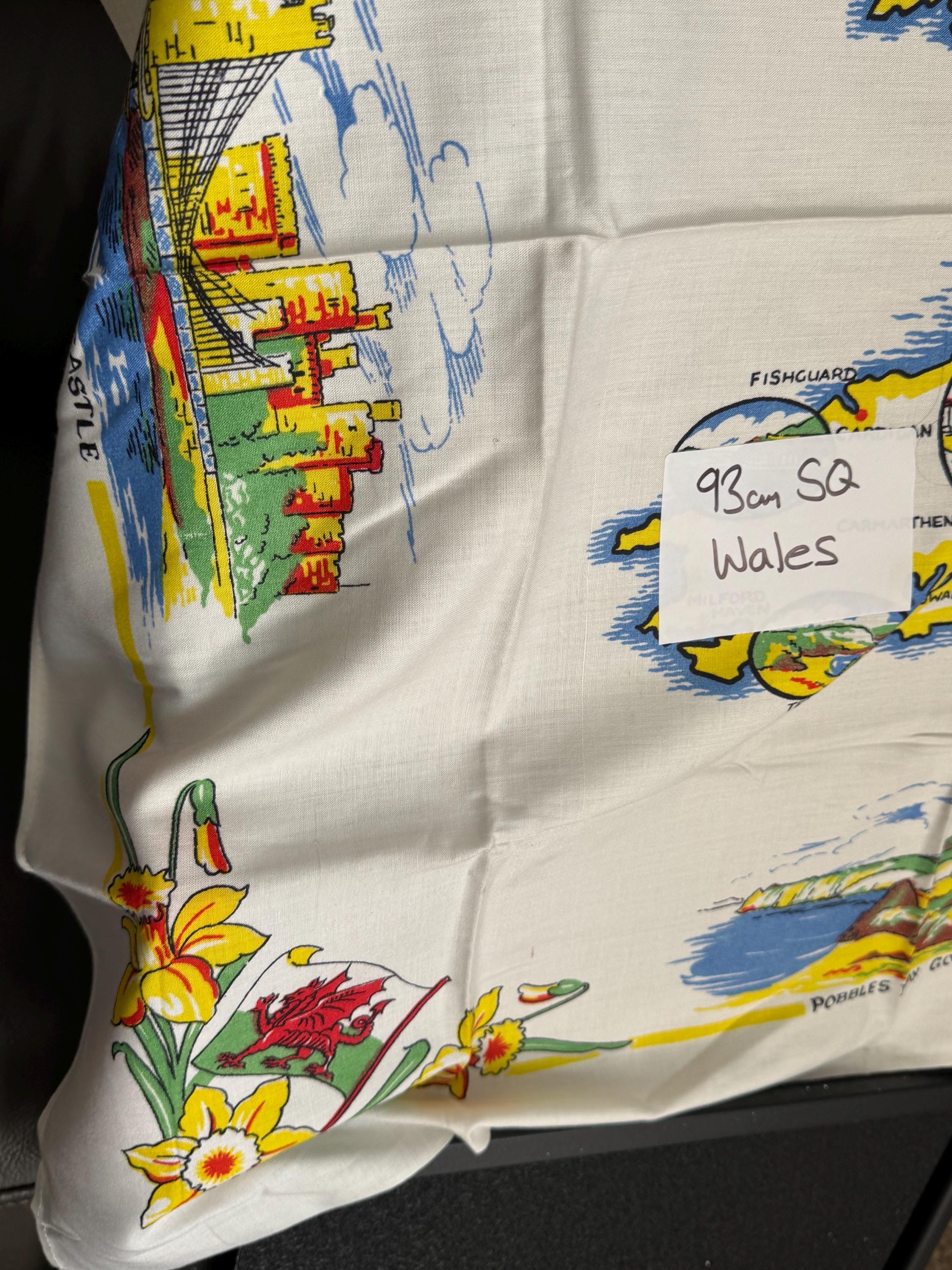93cm near square souvenir of Wales tourist linen Welsh cotton tablecloth printed , vintage linens for teaahop