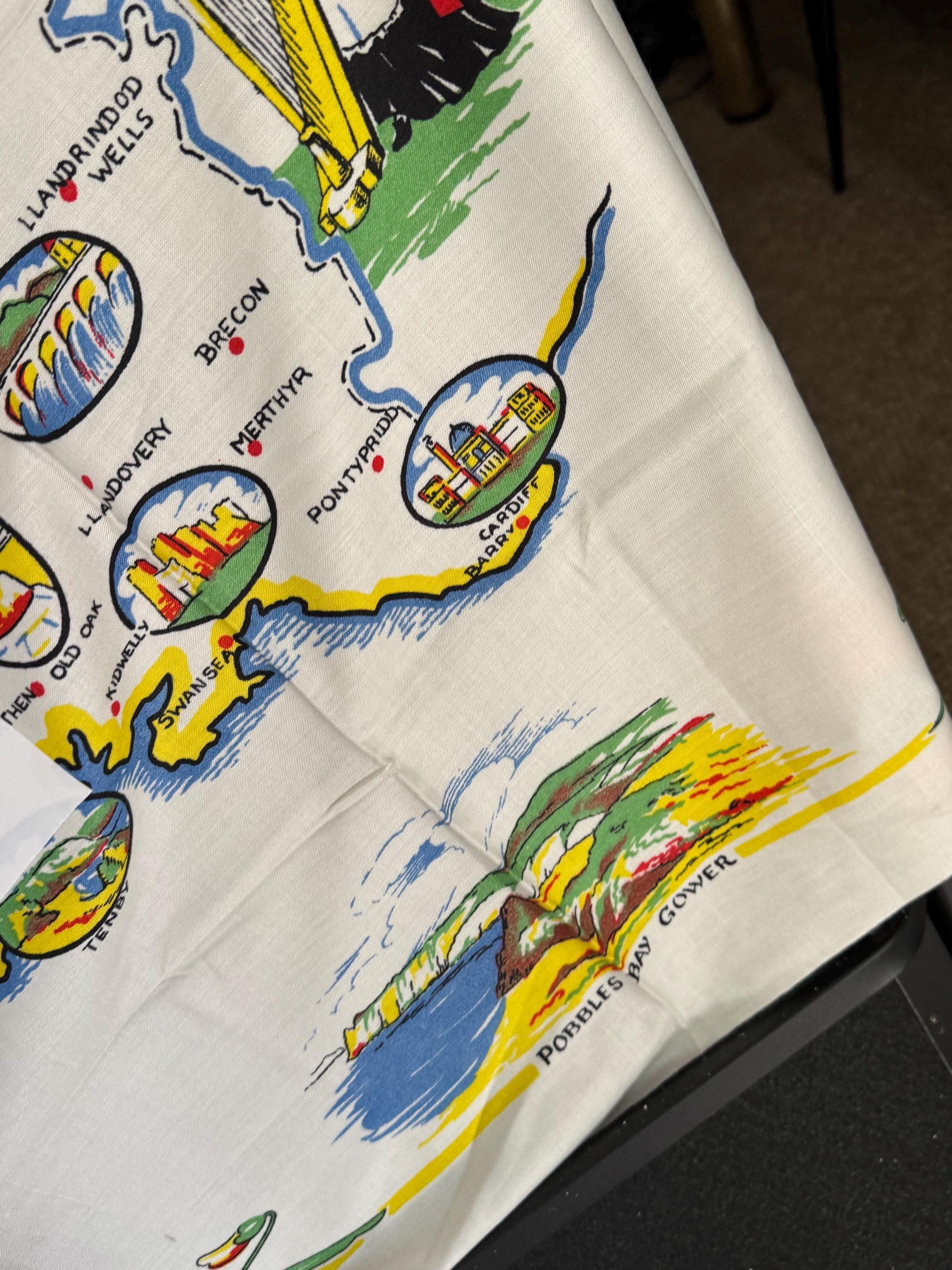 93cm near square souvenir of Wales tourist linen Welsh cotton tablecloth printed , vintage linens for teaahop