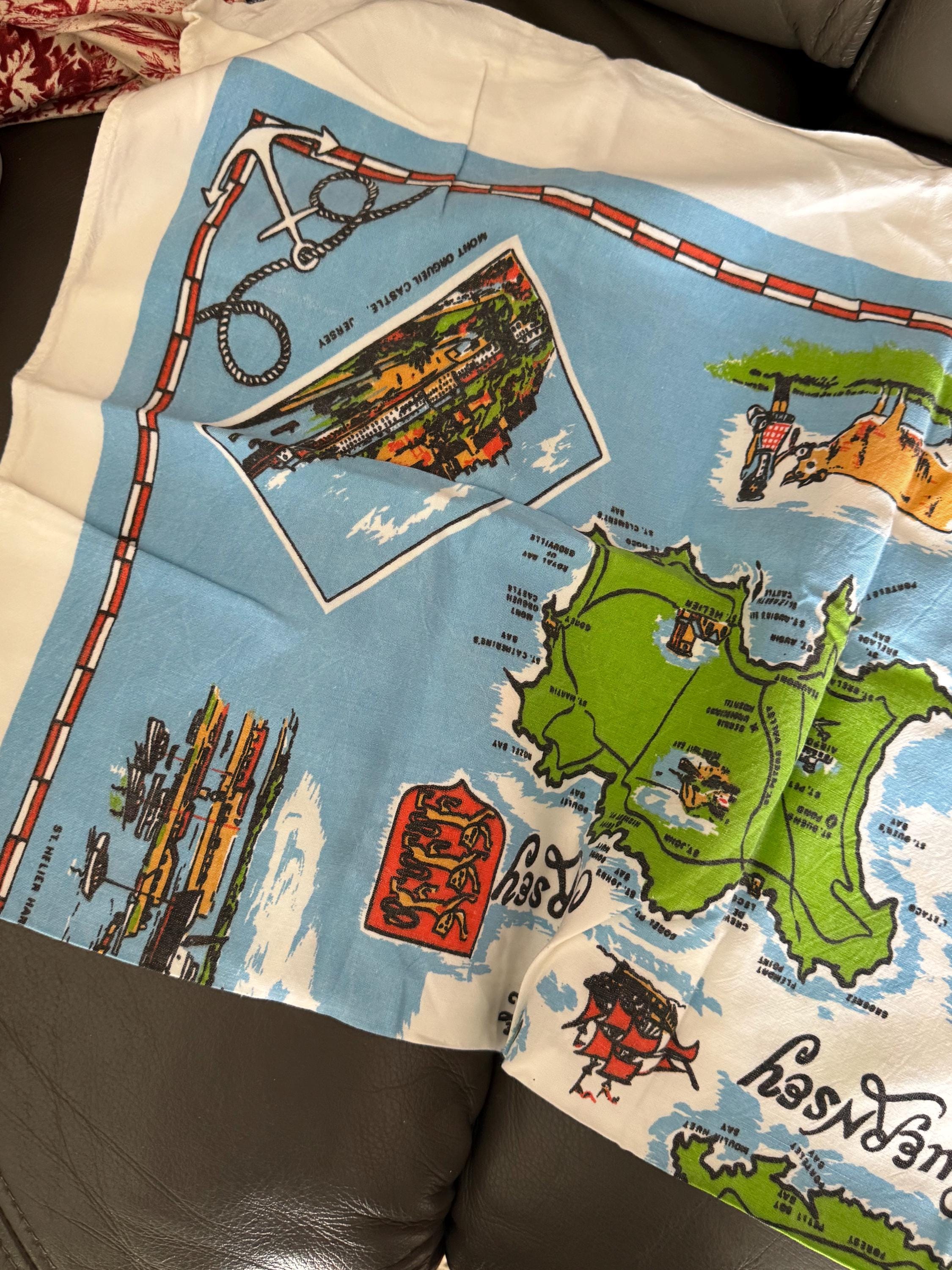 Vintage Channel Islands Souvenir Tablecloth: Jersey, Guernsey, Alderney, Sark