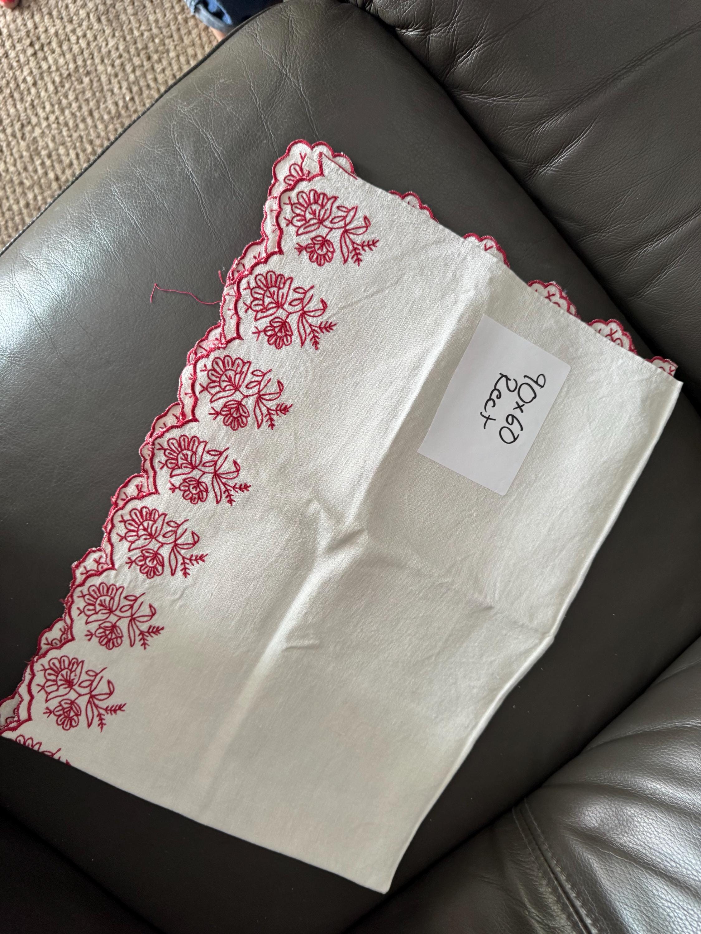 90 x 60cm Vintage Red embroidery off white beige heavy cotton linen tablecloth