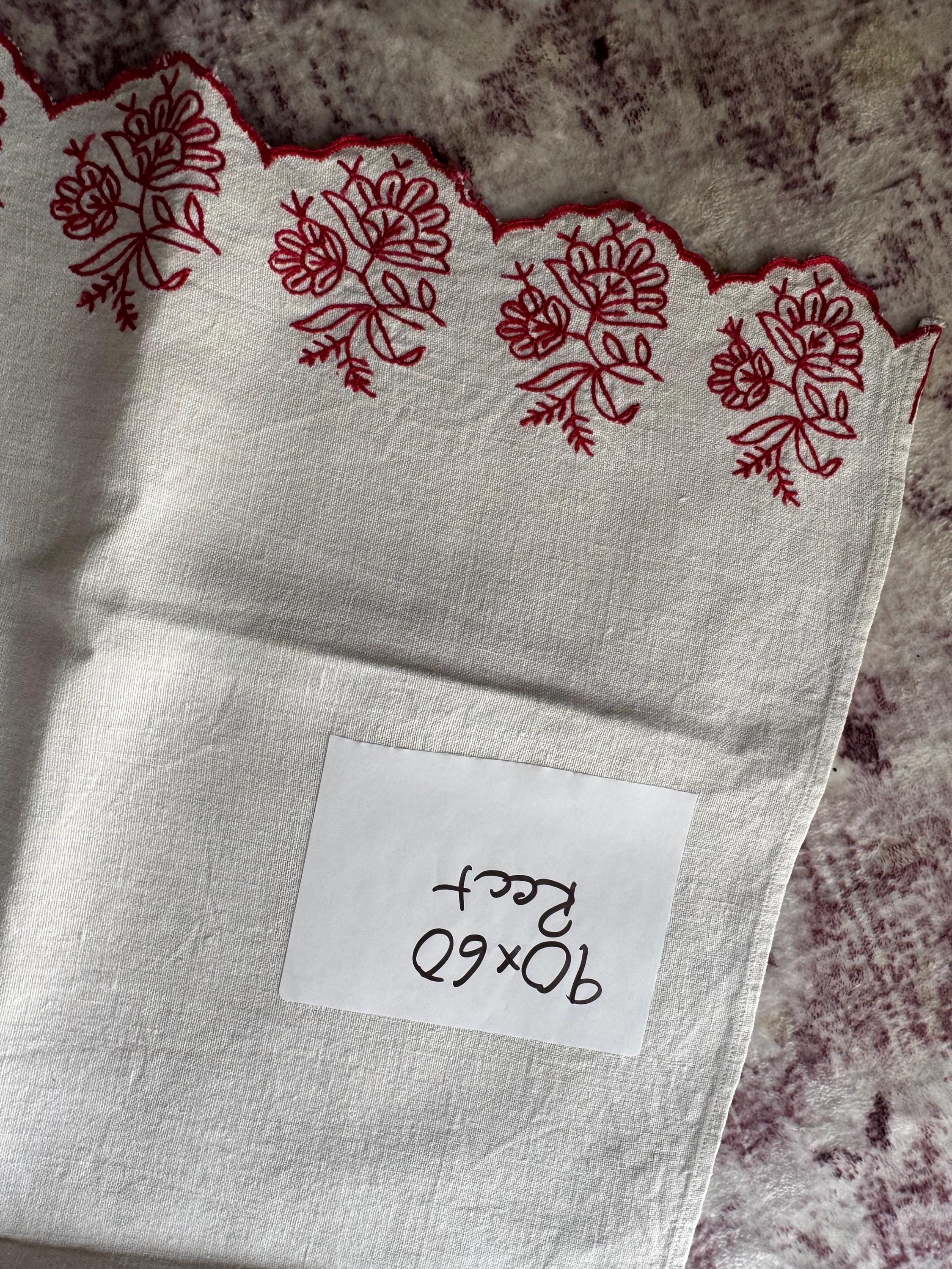 90 x 60cm Vintage Red embroidery off white beige heavy cotton linen tablecloth