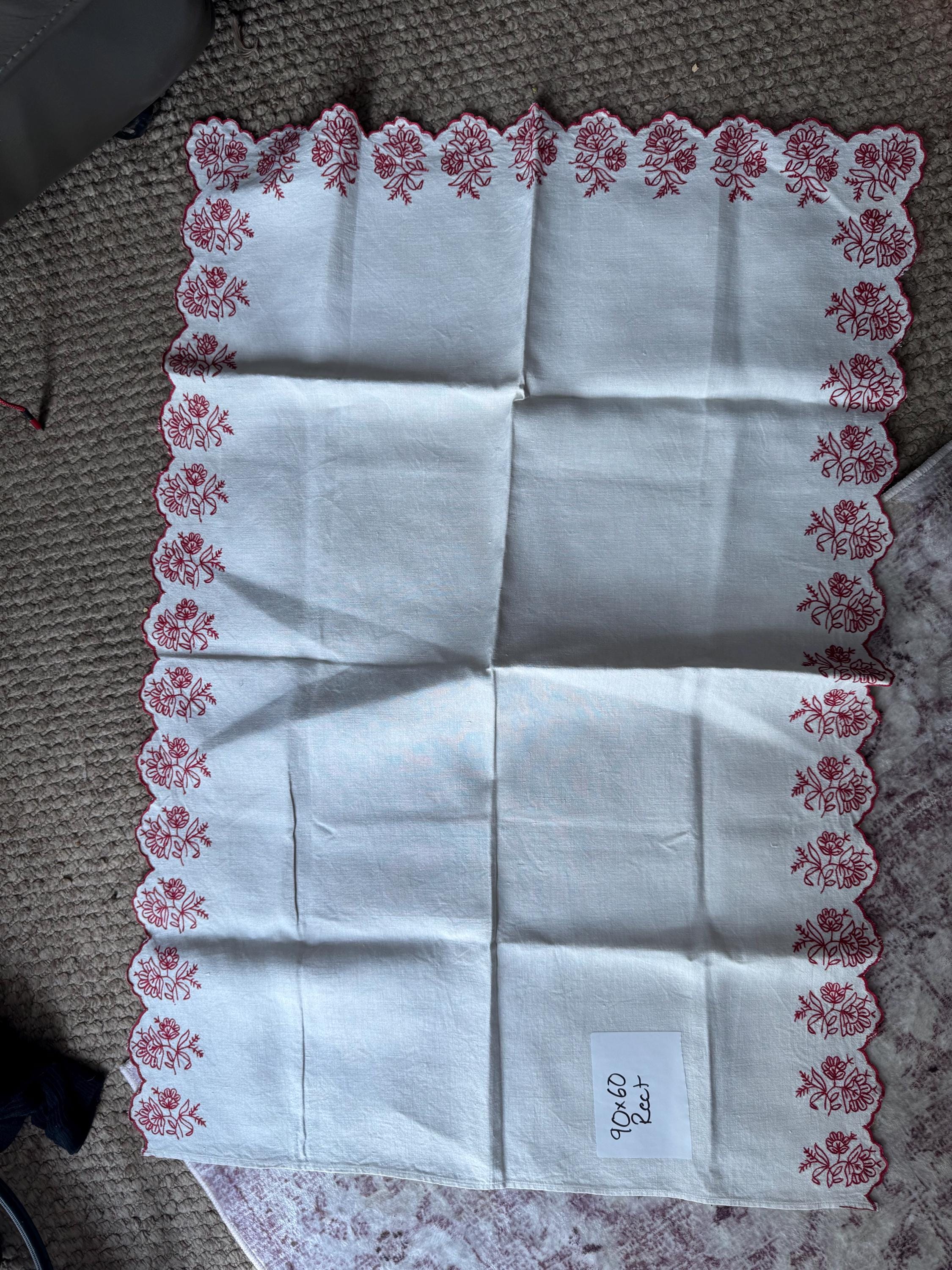 90 x 60cm Vintage Red embroidery off white beige heavy cotton linen tablecloth