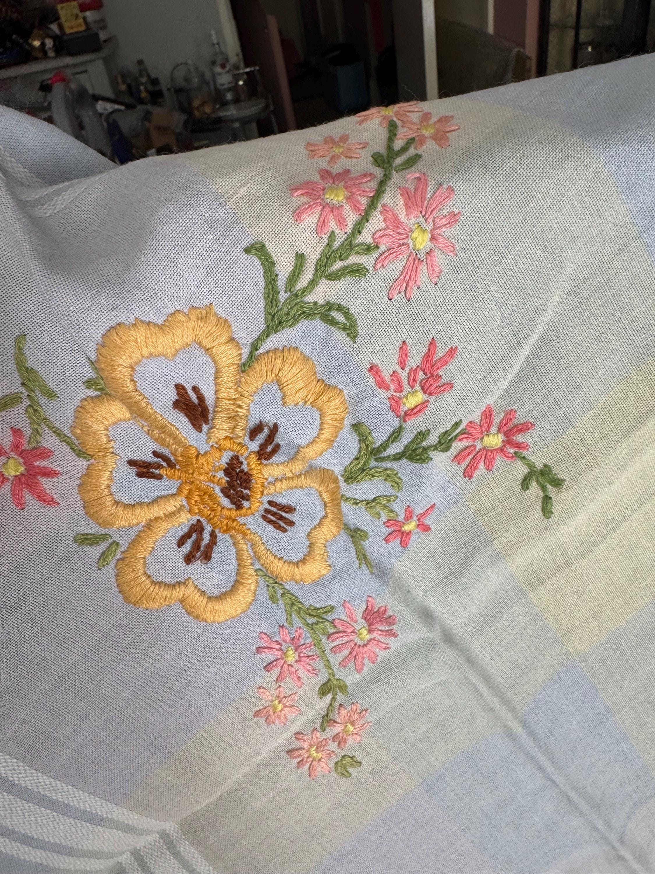 88cm square pastel checked pretty floral Vintage embroidered tablecloth, vintage linens yellow blue pink