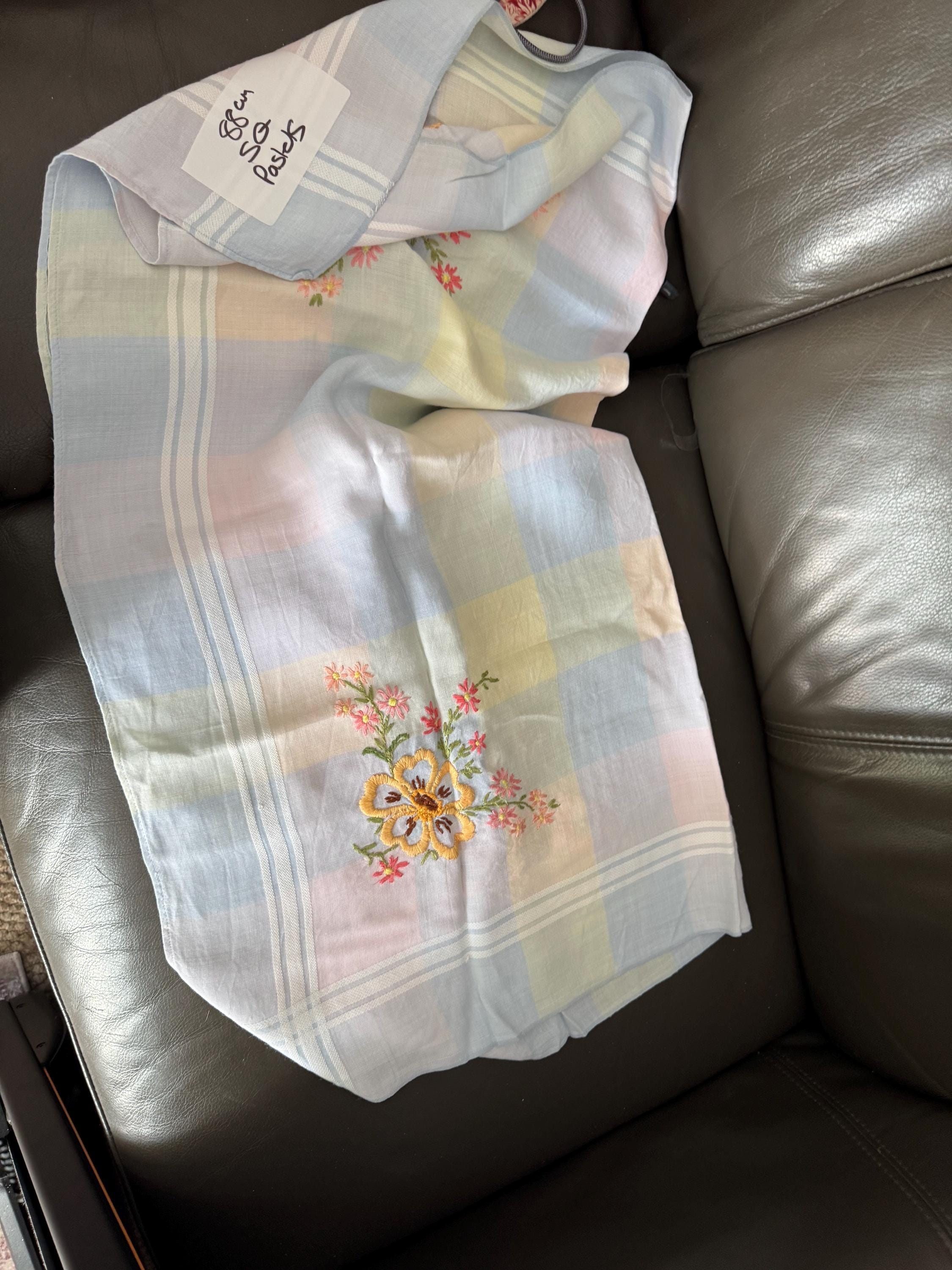 88cm square pastel checked pretty floral Vintage embroidered tablecloth, vintage linens yellow blue pink