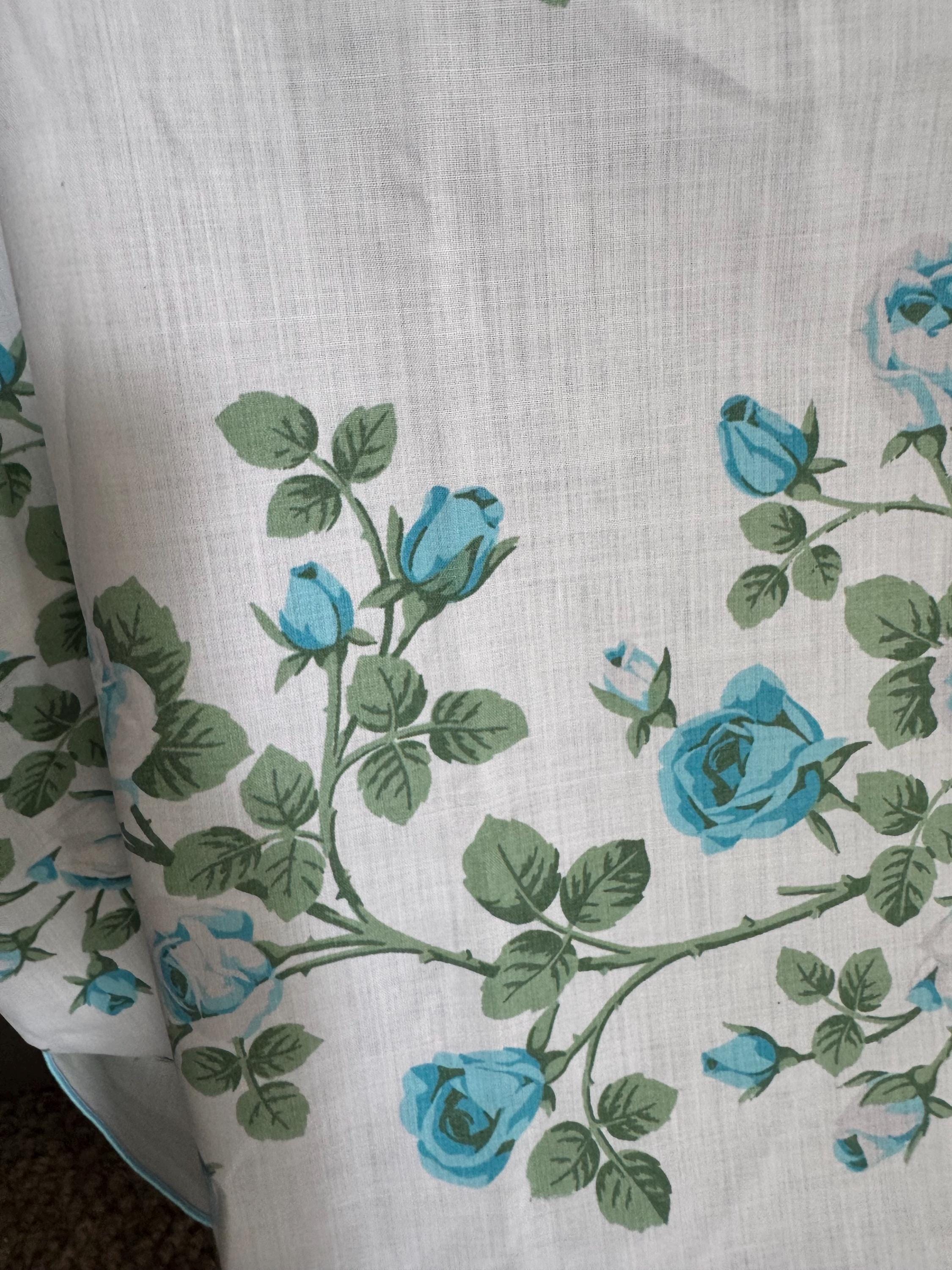 Large 170cm round Retro Vintage tablecloth, white with printed blue roses , cottage floral tablecloth