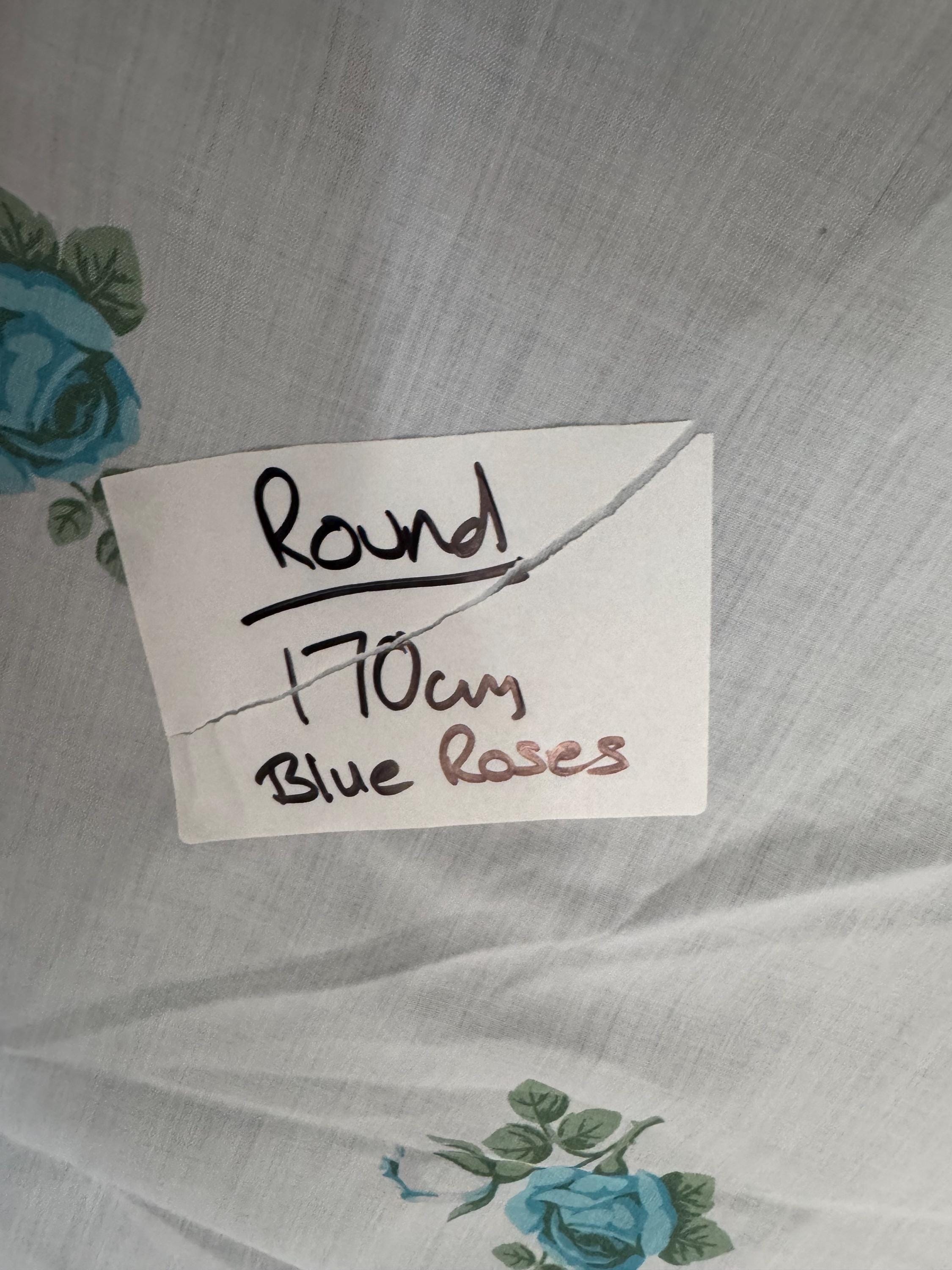 Large 170cm round Retro Vintage tablecloth, white with printed blue roses , cottage floral tablecloth